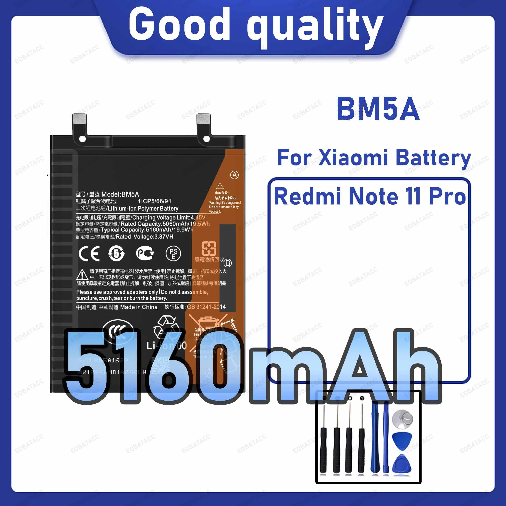 5160mAh BM5A Replacement Battery for Xiaomi Redmi Note 11 Pro with Repair Tools Kit
5160mAh BM5A Replacement Battery for Xiaomi Redmi Note 11 Pro with Repair Tools Kit
