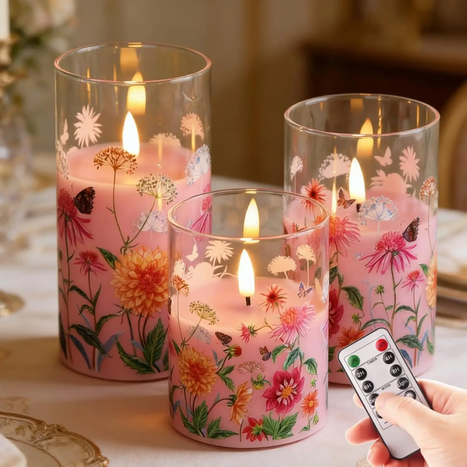 Pink Floral Glass FlamelPillar Candles with Remote, Flickering Spring LED Battery Candles Home Decor Set of 3
Pink Floral Glass FlamelPillar Candles with Remote, Flickering Spring LED Battery Candles Home Decor Set of 3