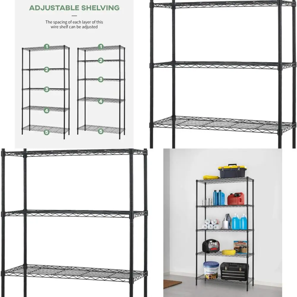 Commercial Grade Heavy Duty 5-Shelf Adjustable Metal Wire Shelving, 14D x 36W x 72H, 1250 lbs Capacity, Black
Commercial Grade Heavy Duty 5-Shelf Adjustable Metal Wire Shelving, 14D x 36W x 72H, 1250 lbs Capacity, Black