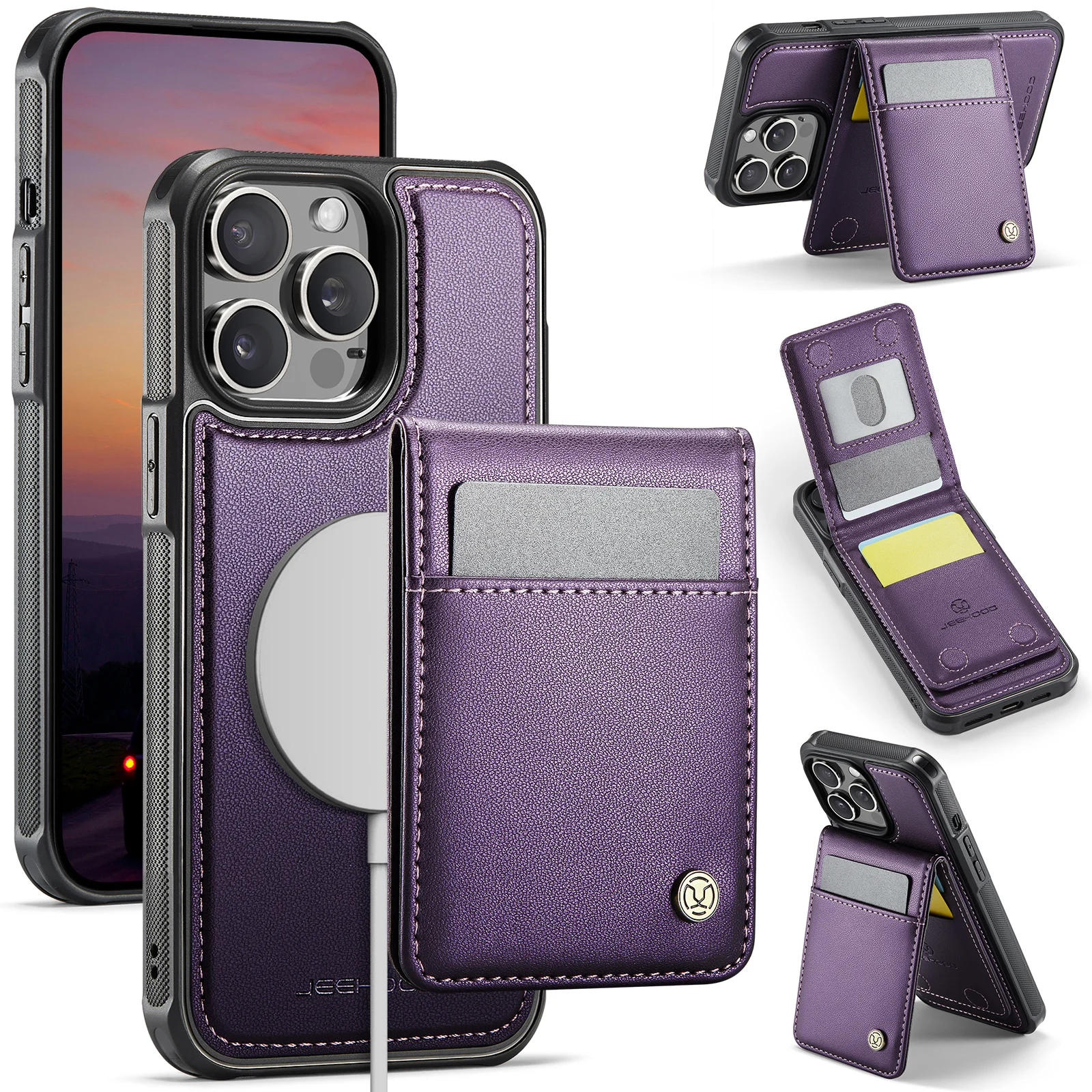 For iPhone 14 Pro Max Leather Back Cover Compatible with MagSafe JEEHOOD J06 Phone Case with Card Bag RFID Blocking - Purple
For iPhone 14 Pro Max Leather Back Cover Compatible with MagSafe JEEHOOD J06 Phone Case with Card Bag RFID Blocking - Purple