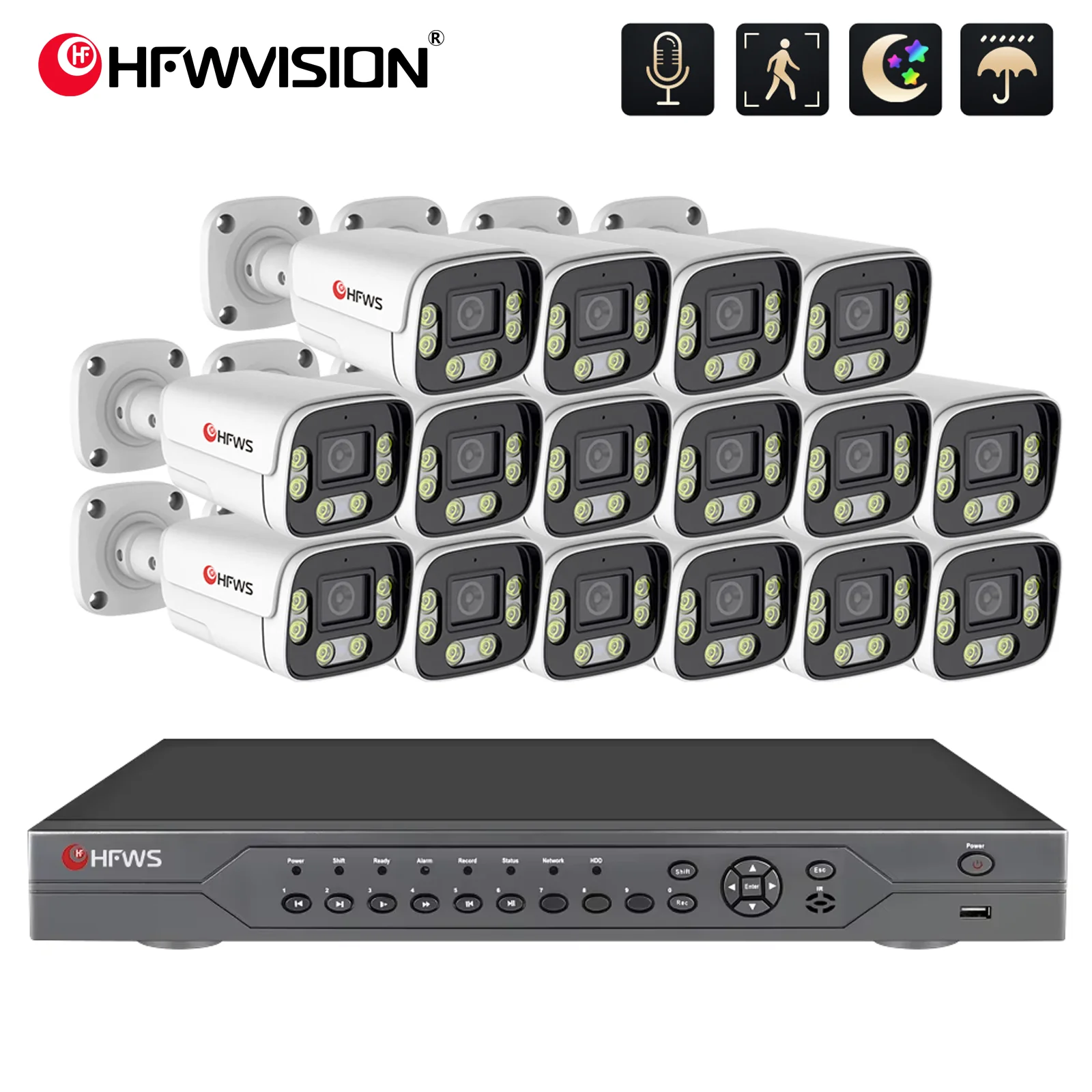 HFWVISION 16CH 4K 8MP POE Camera System H.265 Colorful Night Face Human Detect Two-way Audio Outdoor Security Surveillance Set
HFWVISION 16CH 4K 8MP POE Camera System H.265 Colorful Night Face Human Detect Two-way Audio Outdoor Security Surveillance Set