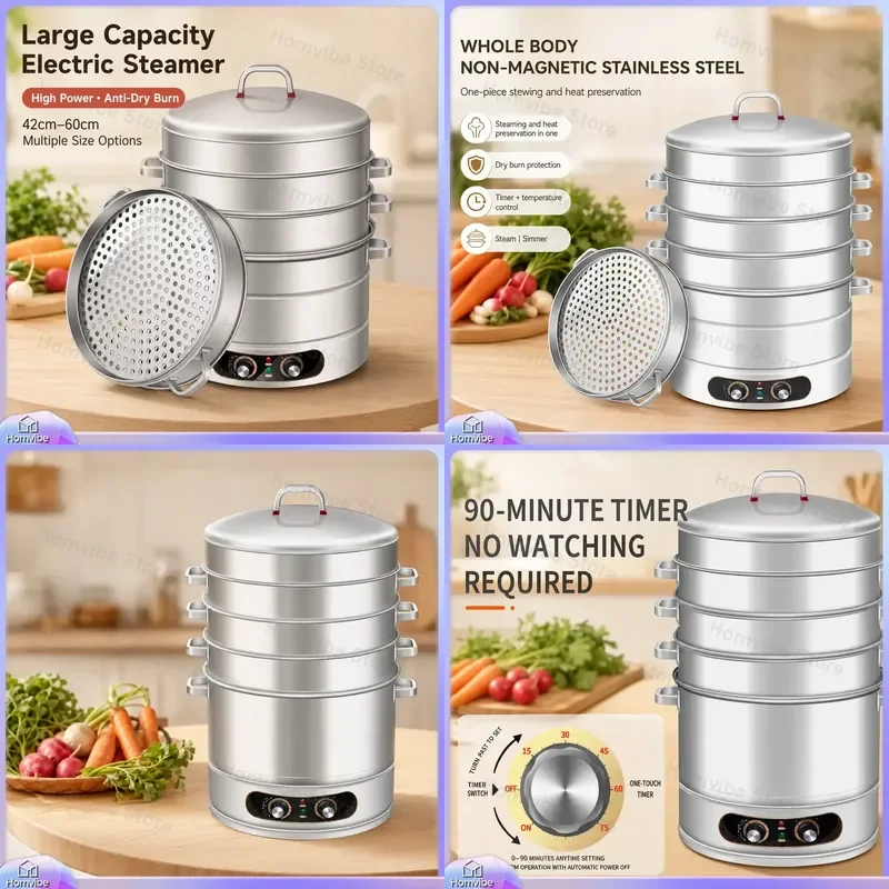 Electric Steam Cooker Multifunctional 3 Layer Stainless Steel Food Steamer with Timer for Dumplings Buns Vegetables Rice
Electric Steam Cooker Multifunctional 3 Layer Stainless Steel Food Steamer with Timer for Dumplings Buns Vegetables Rice