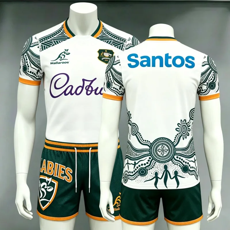 Australia Wallaroos Rugby Kit 2-Piece Jersey + Green Shorts with Aboriginal Art Print Rugby Uniform Sports Training Set for Fans
Australia Wallaroos Rugby Kit 2-Piece Jersey + Green Shorts with Aboriginal Art Print Rugby Uniform Sports Training Set for Fans