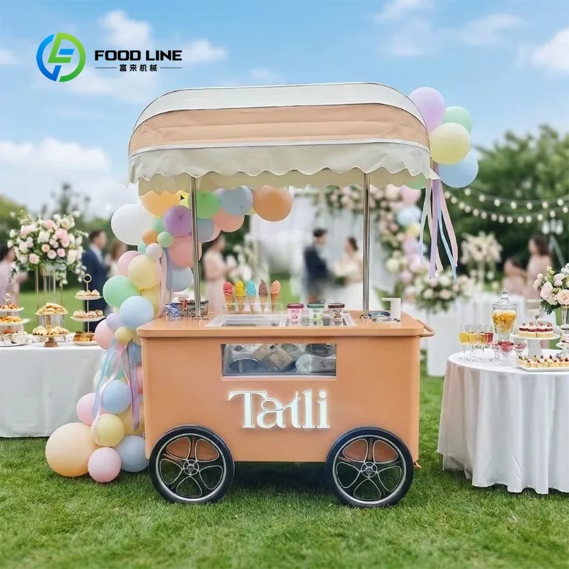 Custom Classic Ice Cream Push Cart with Wooden Storage Shelves Portable Dessert Cart for Ice Cream Party Wedding Catering
Custom Classic Ice Cream Push Cart with Wooden Storage Shelves Portable Dessert Cart for Ice Cream Party Wedding Catering