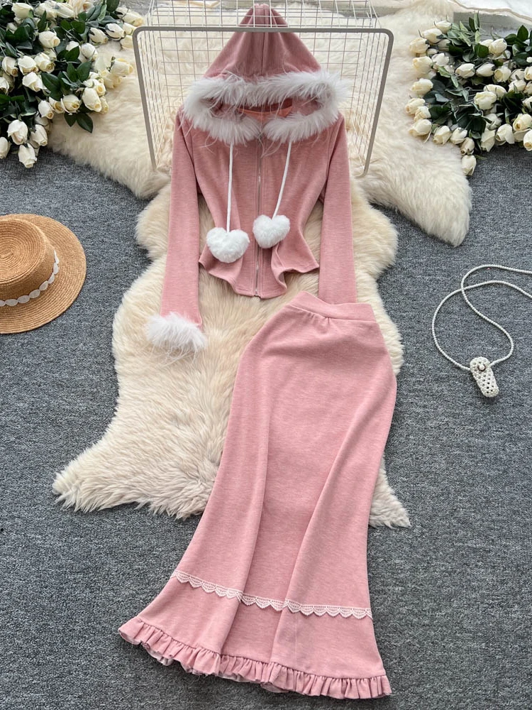 Fashion hooded fur collar patchwork zip long sleeve cardigan+elastic waist Maxi fish tail skirt 2-piece set winter Women's Suit
Fashion hooded fur collar patchwork zip long sleeve cardigan+elastic waist Maxi fish tail skirt 2-piece set winter Women's Suit