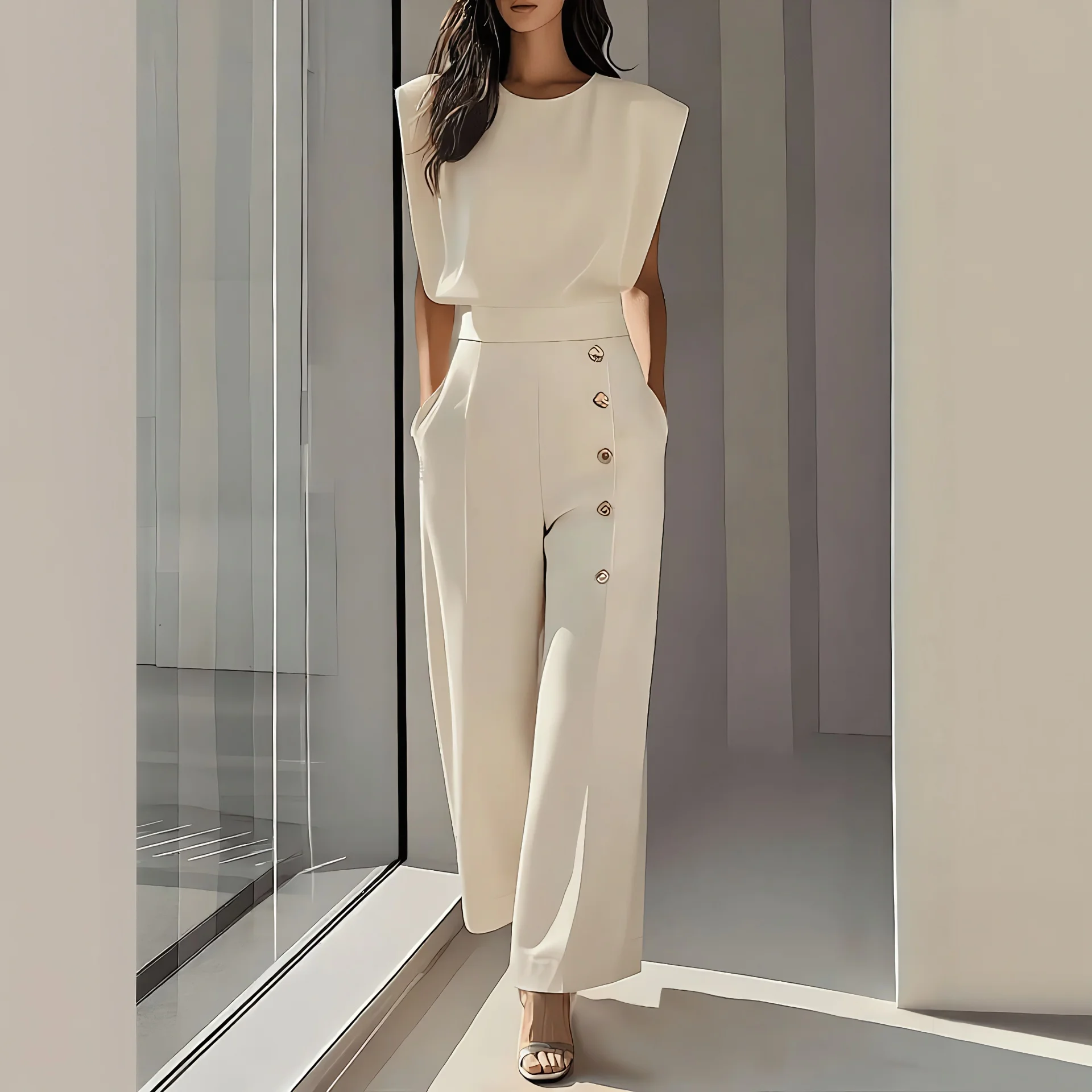 Women's Elegant Jumpsuit Sleeveless Pockets Solid Office Lady Fashion Wide Leg Pant Round Neck Casual Rompers Outfits
Women's Elegant Jumpsuit Sleeveless Pockets Solid Office Lady Fashion Wide Leg Pant Round Neck Casual Rompers Outfits