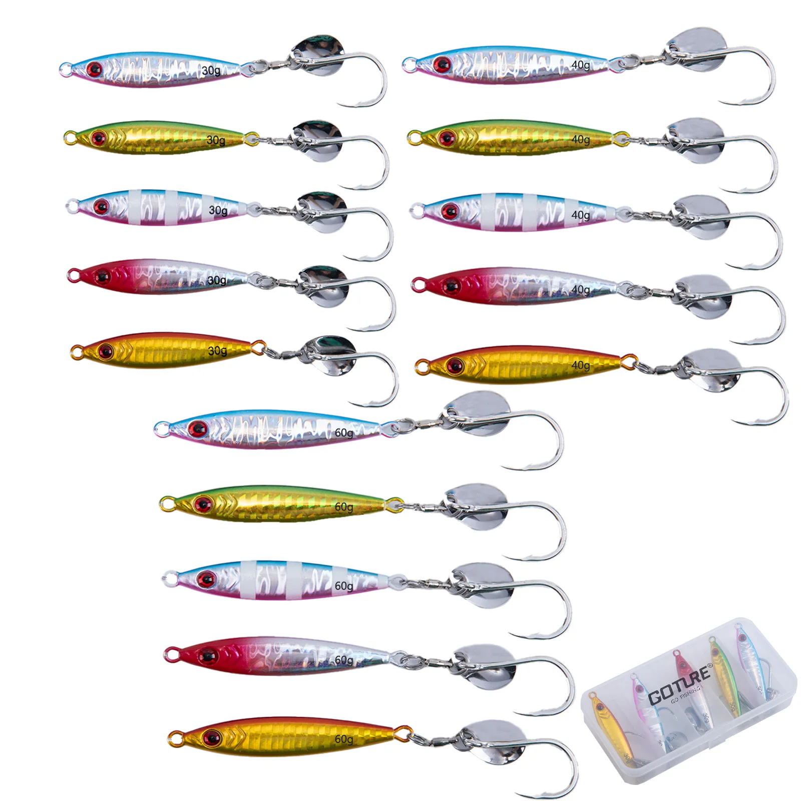 Goture Fishing Lure 5pcs/lot 30g 40g 60g Metal Jigging Lures with Swivel Sequin Giant Hook Wobbler Sea Bass Slow Jig Hard Bait
Goture Fishing Lure 5pcs/lot 30g 40g 60g Metal Jigging Lures with Swivel Sequin Giant Hook Wobbler Sea Bass Slow Jig Hard Bait