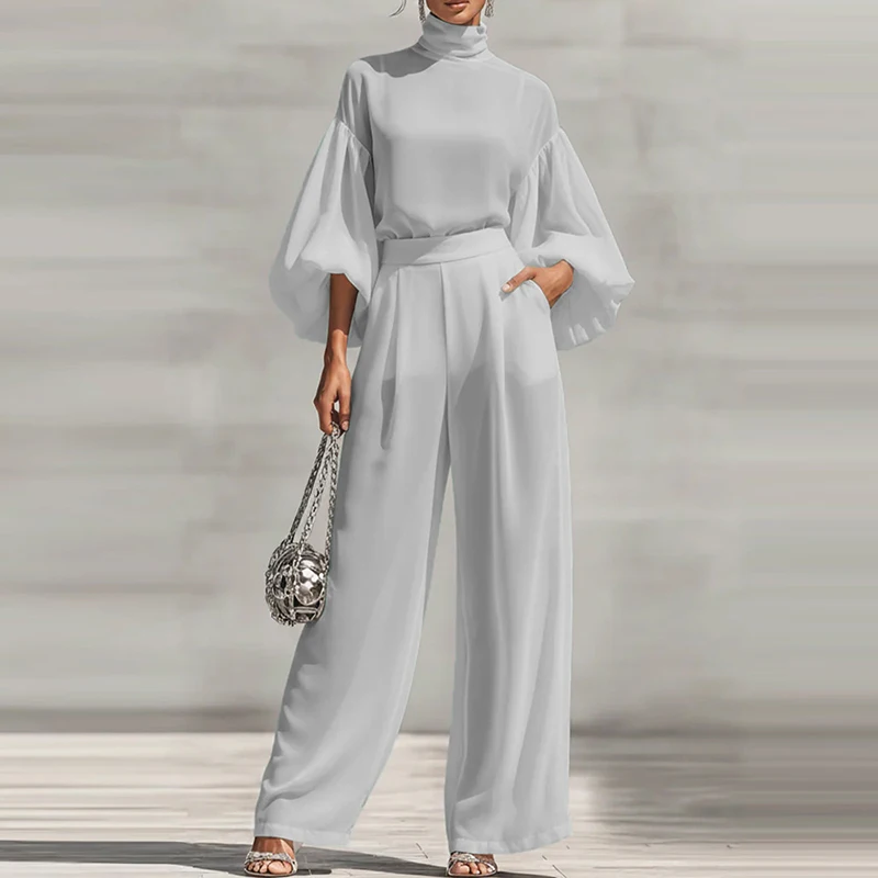 Elegant Lantern Sleeve Turtleneck Tops&Pants Sets Summer New Women's Pocket Pants Suits Temperament Solid Color Chiffon Outfits
Elegant Lantern Sleeve Turtleneck Tops&Pants Sets Summer New Women's Pocket Pants Suits Temperament Solid Color Chiffon Outfits
