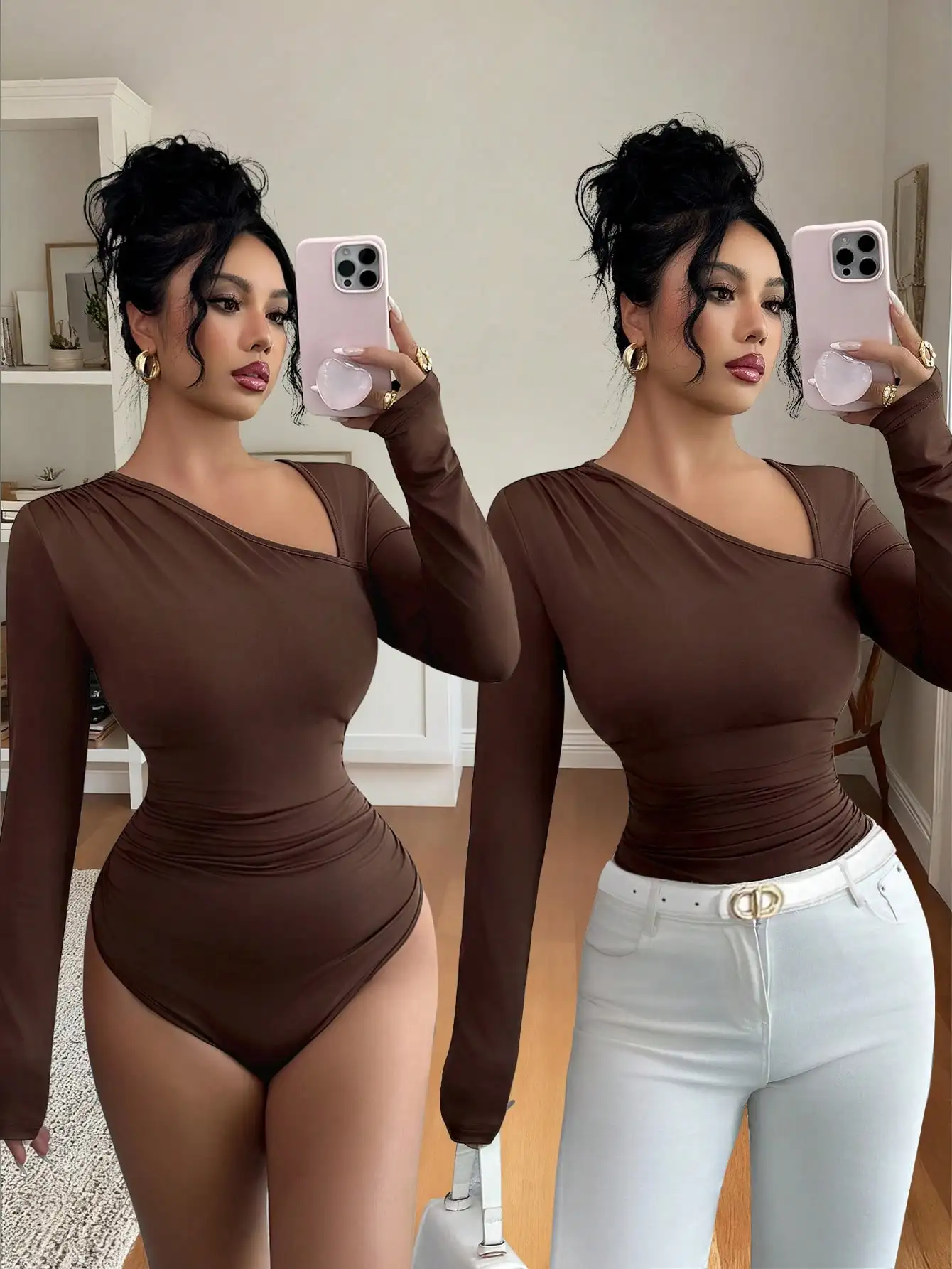 Женский коричневый вязаный боди с длинными рукавами, асимметричным плечом и облегающим силуэтом
Женский коричневый вязаный боди с длинными рукавами, асимметричным плечом и облегающим силуэтом