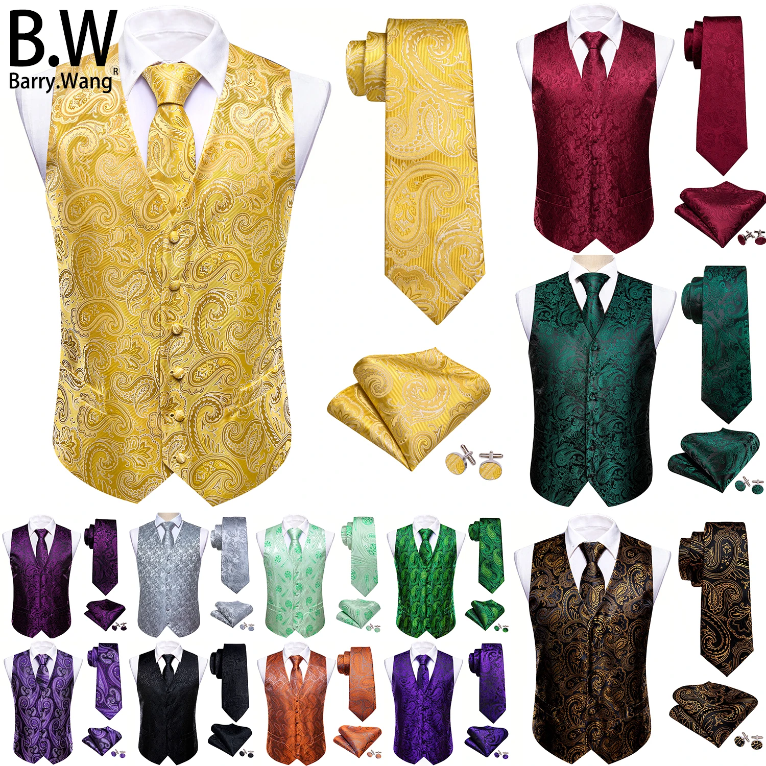Barry.Wang Silk Men Vest Tie Hanky Cufflinks Set 100 Colors Jacquard Paisley Floral Waistcoat Sleeveless Jacket Wedding Business
Barry.Wang Silk Men Vest Tie Hanky Cufflinks Set 100 Colors Jacquard Paisley Floral Waistcoat Sleeveless Jacket Wedding Business