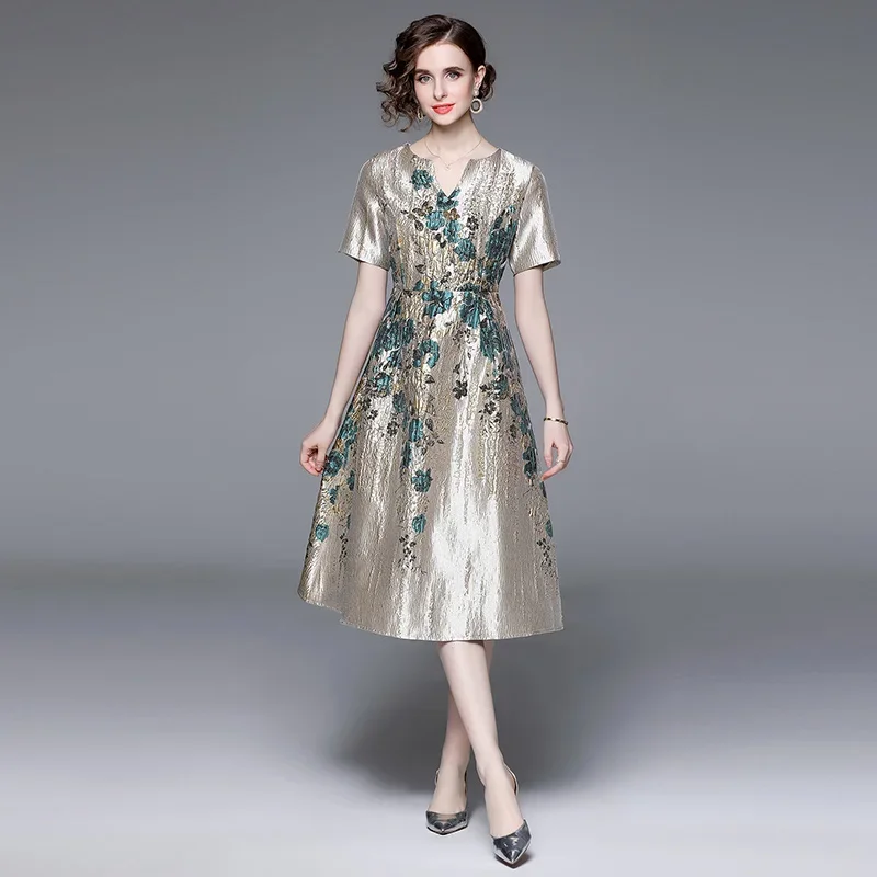 Summer Women Short Sleeve High Waisted Dobby Flower Dress , Woman Clothing 2023 New Golden Elegant Dresses
Summer Women Short Sleeve High Waisted Dobby Flower Dress , Woman Clothing 2023 New Golden Elegant Dresses