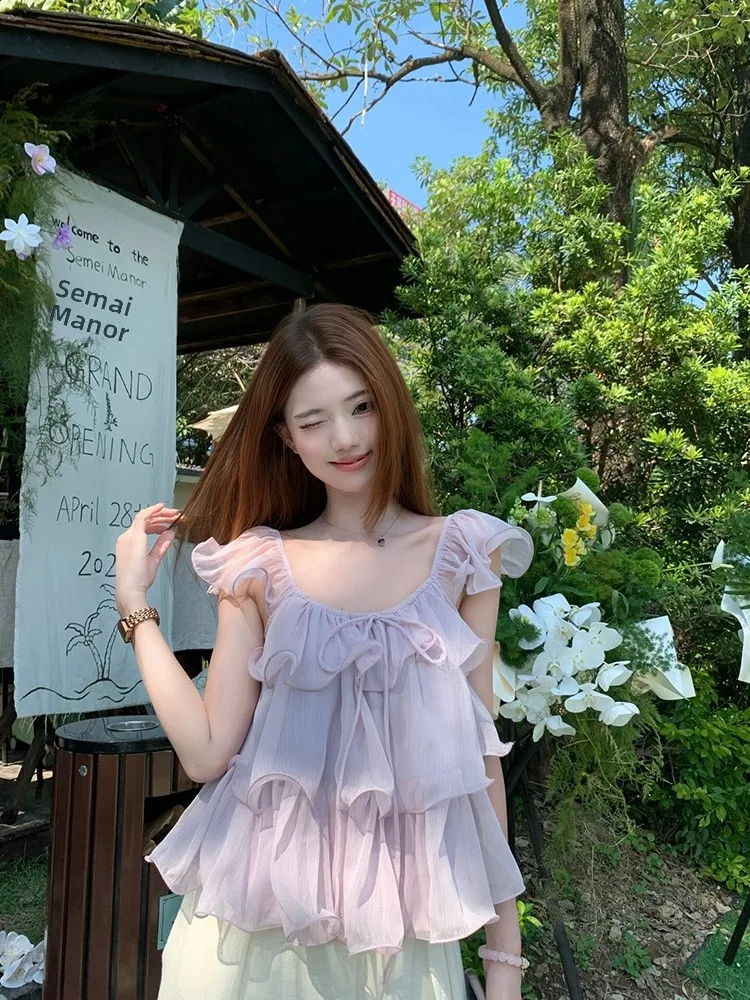 Kumikumi Sweet Style Loose Fit Short Sleeve Women's Blouse Elegant Purple Lace Hem Summer Chiffon Top Fashionable Belted Shirt
Kumikumi Sweet Style Loose Fit Short Sleeve Women's Blouse Elegant Purple Lace Hem Summer Chiffon Top Fashionable Belted Shirt