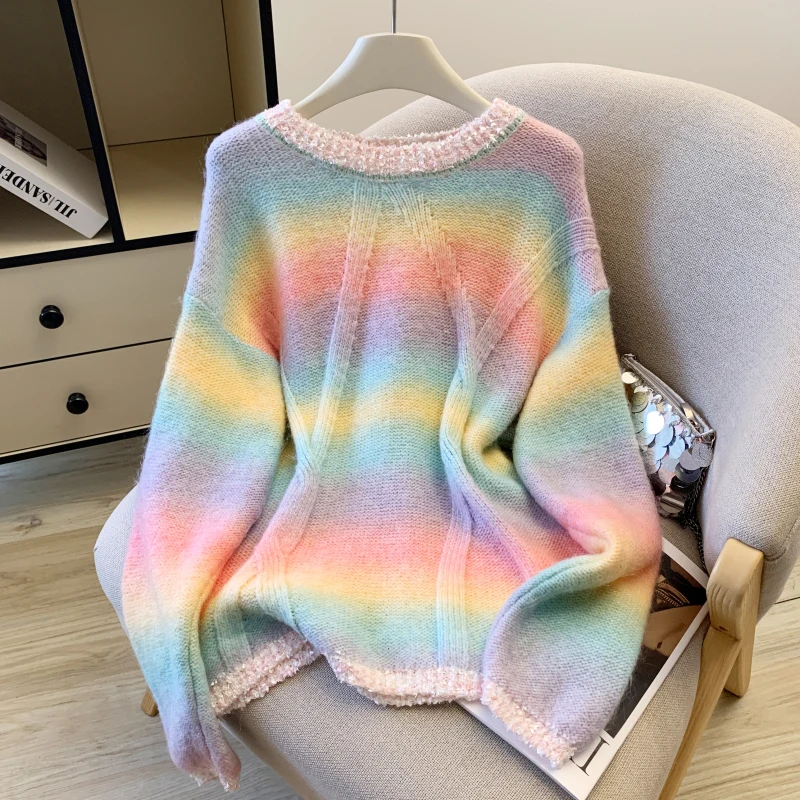 Women's Rainbow Striped O-Neck Pullover Sweater Vintage Jumper Knit Long Sleeves Gradient Cashmere Sweater Autumn 2000s Clothes
Women's Rainbow Striped O-Neck Pullover Sweater Vintage Jumper Knit Long Sleeves Gradient Cashmere Sweater Autumn 2000s Clothes
