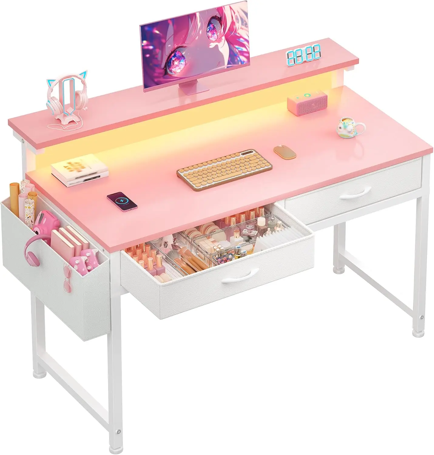 31 Inch Small Computer Desk with LED Lights & 2 Fabric Drawers, Gaming Desk with Side Pocket & Ergonomic Monitor Stand, Small Space Study Writing Table with Anti-Tip Design, Pink
31 Inch Small Computer Desk with LED Lights & 2 Fabric Drawers, Gaming Desk with Side Pocket & Ergonomic Monitor Stand, Small Space Study Writing Table with Anti-Tip Design, Pink