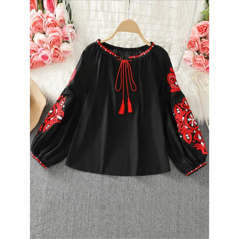 Fashion New Vintage Ethnic Style Heavy Embroidery Round Neck Collar Tie Lantern Sleeve Pullover Style Large Size Women's Shirt
Fashion New Vintage Ethnic Style Heavy Embroidery Round Neck Collar Tie Lantern Sleeve Pullover Style Large Size Women's Shirt