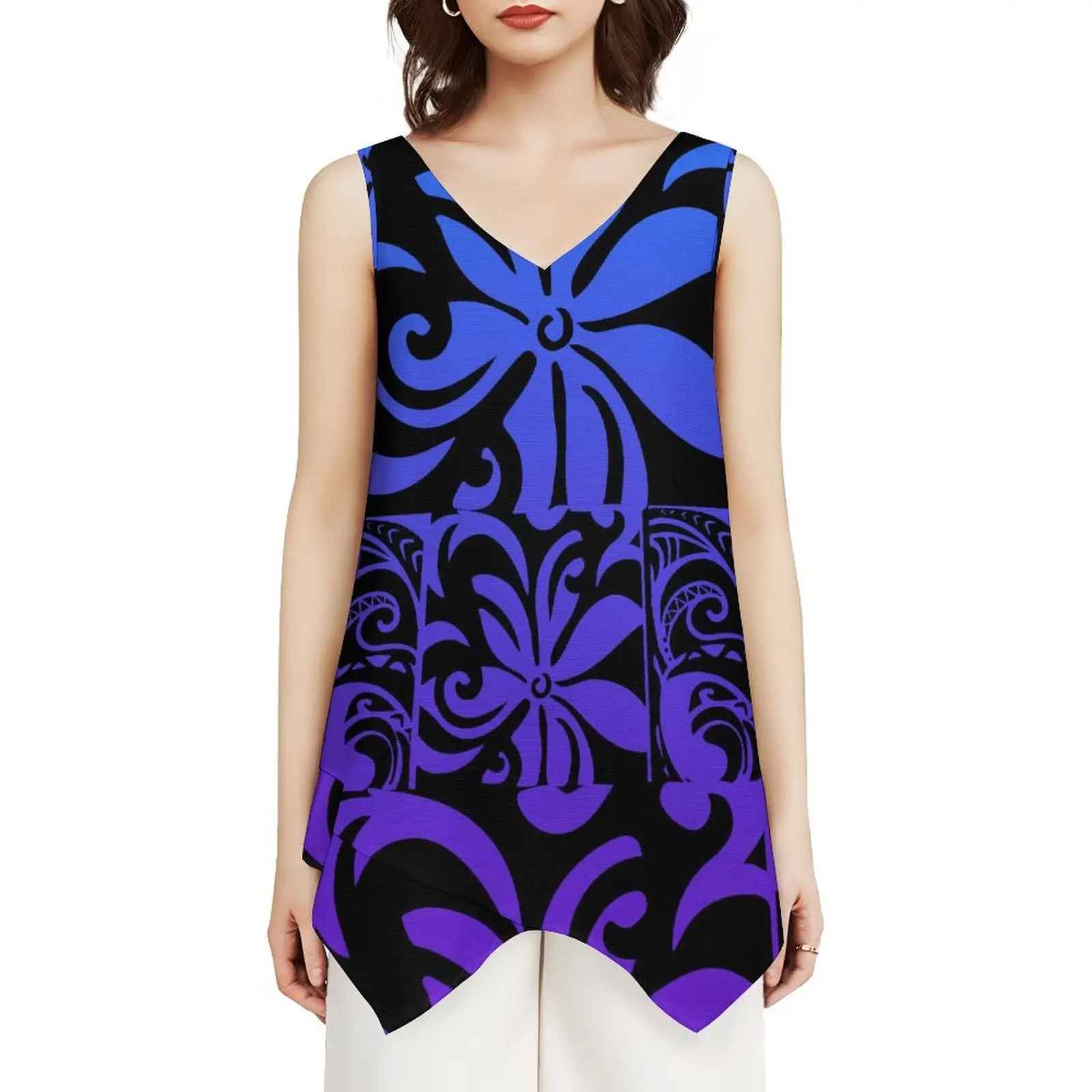 Sleeveless V-Neck Irregular Hem Design Women'S Summer Vest Sports Fitness Clothing Custom Polynesian Print Pattern
Sleeveless V-Neck Irregular Hem Design Women'S Summer Vest Sports Fitness Clothing Custom Polynesian Print Pattern