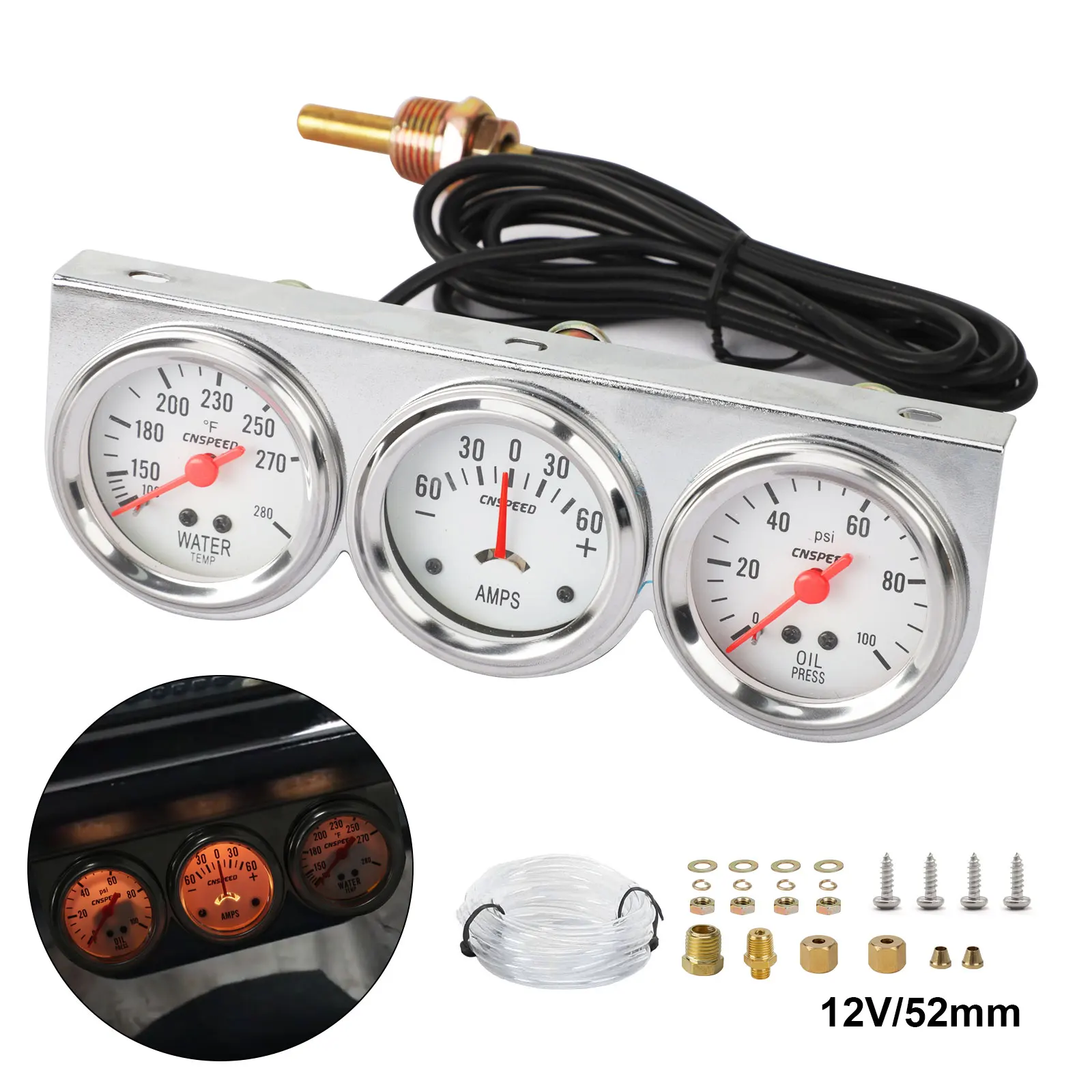 CNSPEED Oil Pressure gauge 2inch Chrome Panel Water Temp gauge Amp Meter Triple Gauge kit Set White Face Car meter
CNSPEED Oil Pressure gauge 2inch Chrome Panel Water Temp gauge Amp Meter Triple Gauge kit Set White Face Car meter