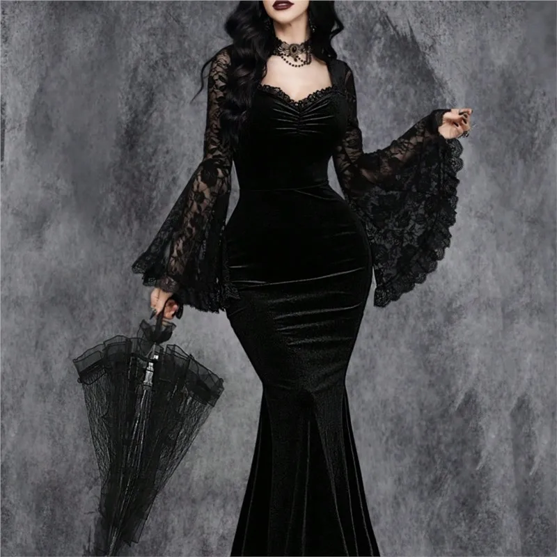 Gothic Aesthetic Maxi Dress Autumn Winter New Women Vintage Elagnt Lace Patchwork See Through Flare Sleeve Clubwear Dress Female 
Gothic Aesthetic Maxi Dress Autumn Winter New Women Vintage Elagnt Lace Patchwork See Through Flare Sleeve Clubwear Dress Female