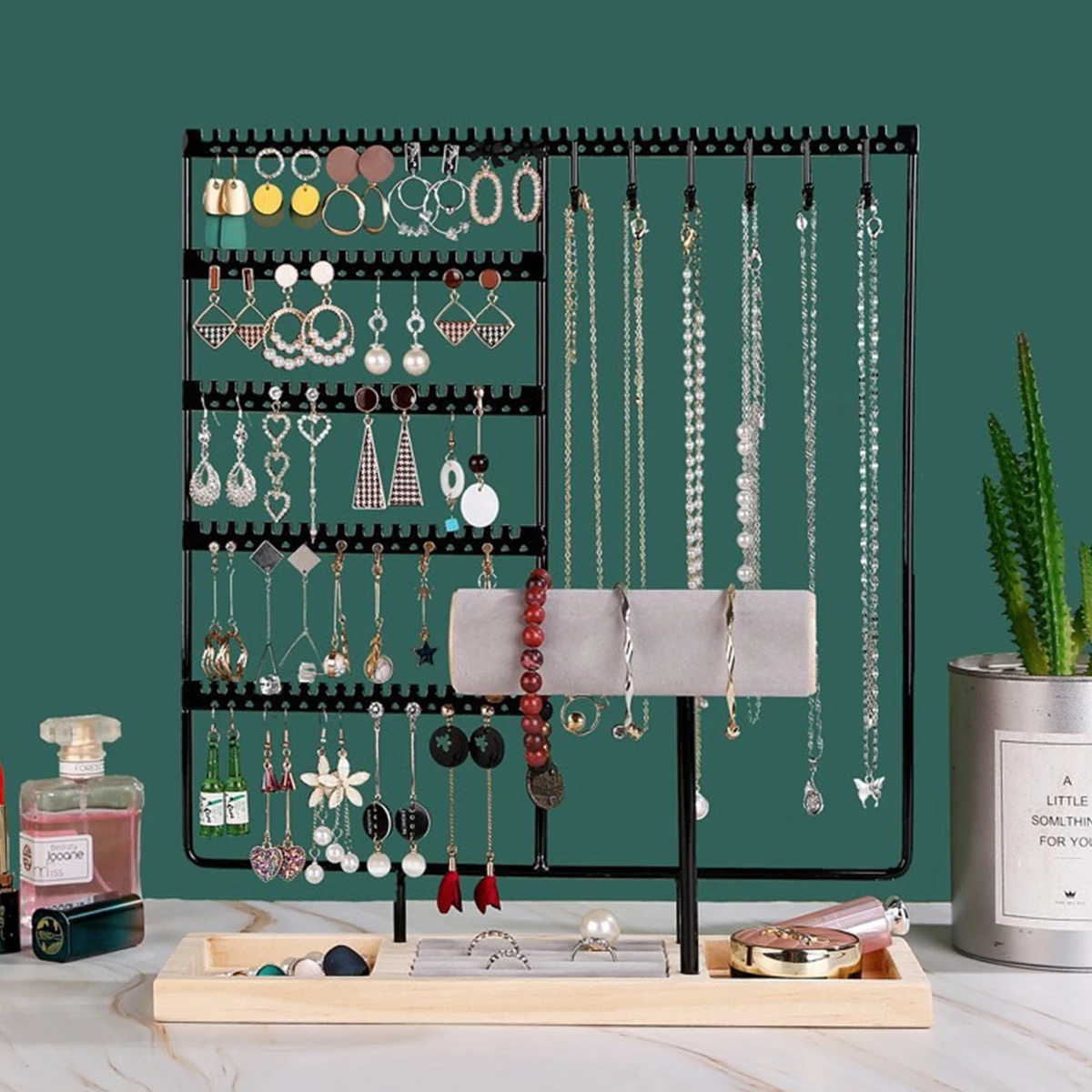 Metal Jewelry Organizer Stand with Wooden Tray - Multi-Functional Storage for Earrings, Necklaces, Bracelets & Rings
Metal Jewelry Organizer Stand with Wooden Tray - Multi-Functional Storage for Earrings, Necklaces, Bracelets & Rings