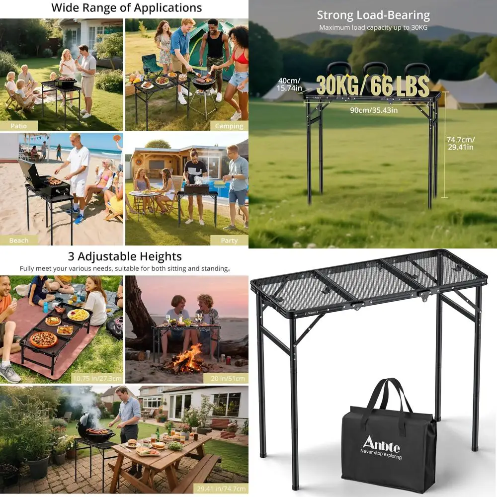 Portable 3-Foot Folding BBQ Grill Table with Adjustable Heights, Heat-Resistant Surface, Storage Bag, and Carry Handle
Portable 3-Foot Folding BBQ Grill Table with Adjustable Heights, Heat-Resistant Surface, Storage Bag, and Carry Handle