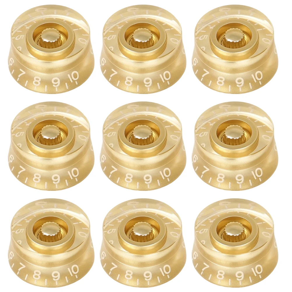 Набор из 9 золотых колпачков для электрогитар с шкалами регулировки громкости и тембра для гитар, произведённых в США и Мексике.
Набор из 9 золотых колпачков для электрогитар с шкалами регулировки громкости и тембра для гитар, произведённых в США и Мексике.