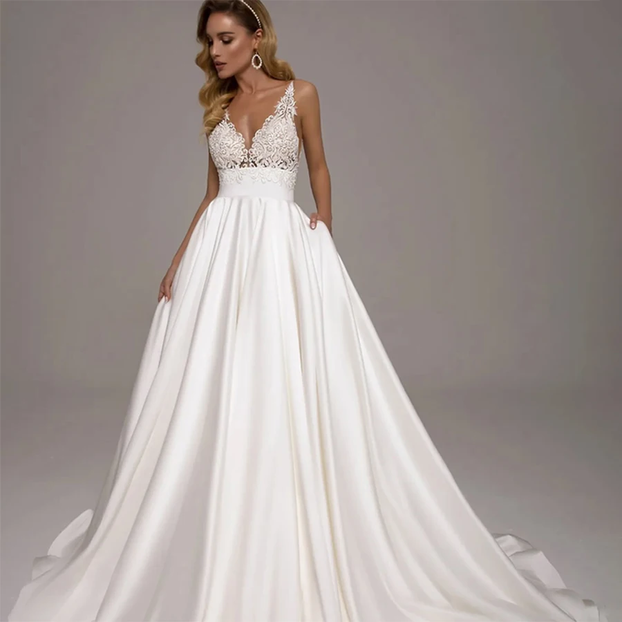 Customized New V-Neck Top Lace Sleeveless Satin A-Line Wedding Dress Bride Dress Backless Zipper Wedding Gown
Customized New V-Neck Top Lace Sleeveless Satin A-Line Wedding Dress Bride Dress Backless Zipper Wedding Gown