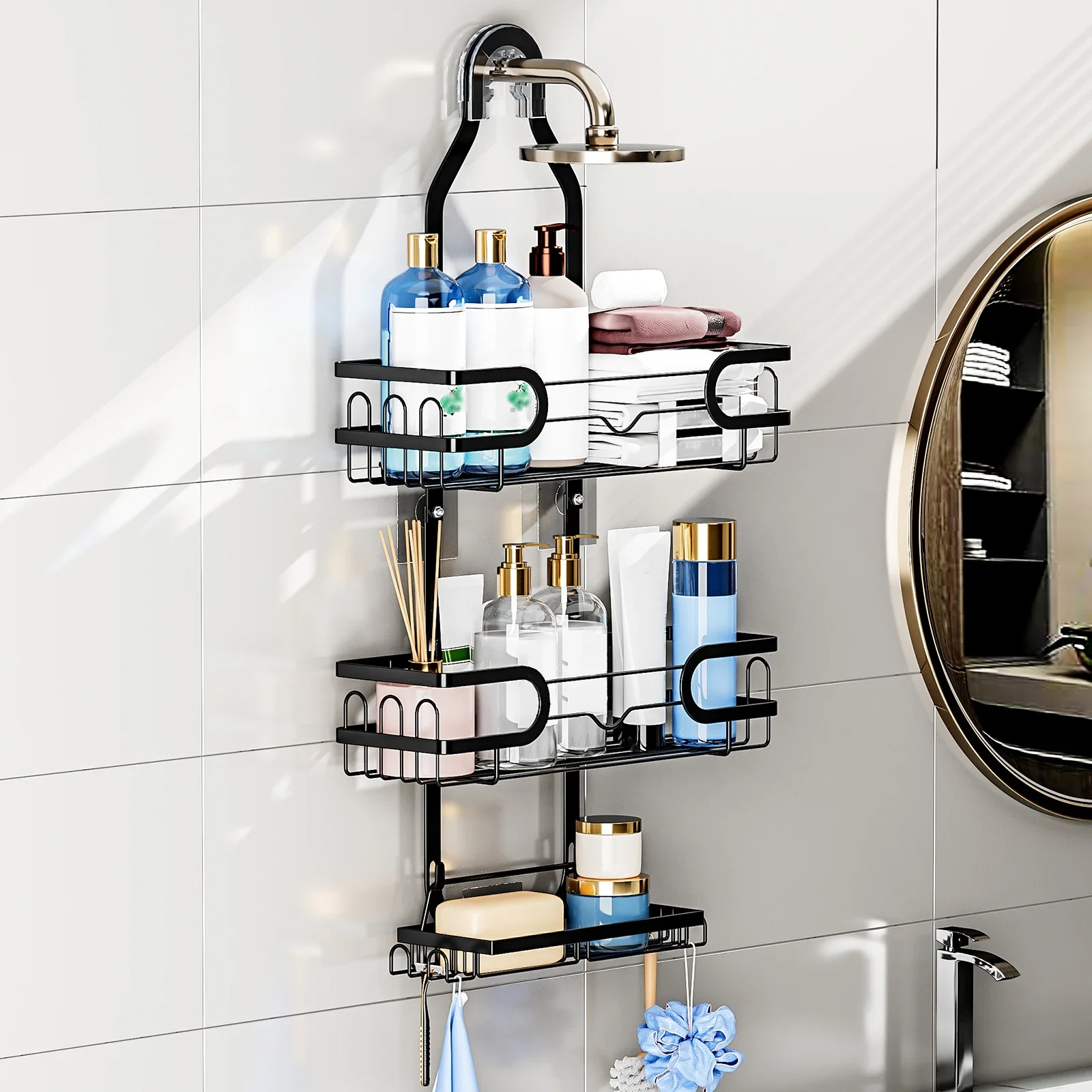 1pc Bathroom Shower Head Hanging Rack Shower Storage Holder with 4 hooks Metal Iron Rustproof Punch Free Black
1pc Bathroom Shower Head Hanging Rack Shower Storage Holder with 4 hooks Metal Iron Rustproof Punch Free Black