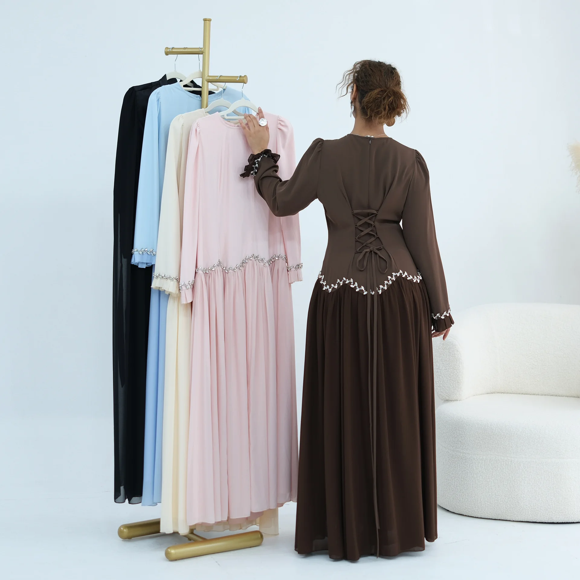 Fashion Tie Back Abaya Dubai Kaftan Women Muslim Maxi Dress Rhinestone Party Gown Ruffles Islam Jalabiya Caftan Vestidos Abayas
Fashion Tie Back Abaya Dubai Kaftan Women Muslim Maxi Dress Rhinestone Party Gown Ruffles Islam Jalabiya Caftan Vestidos Abayas
