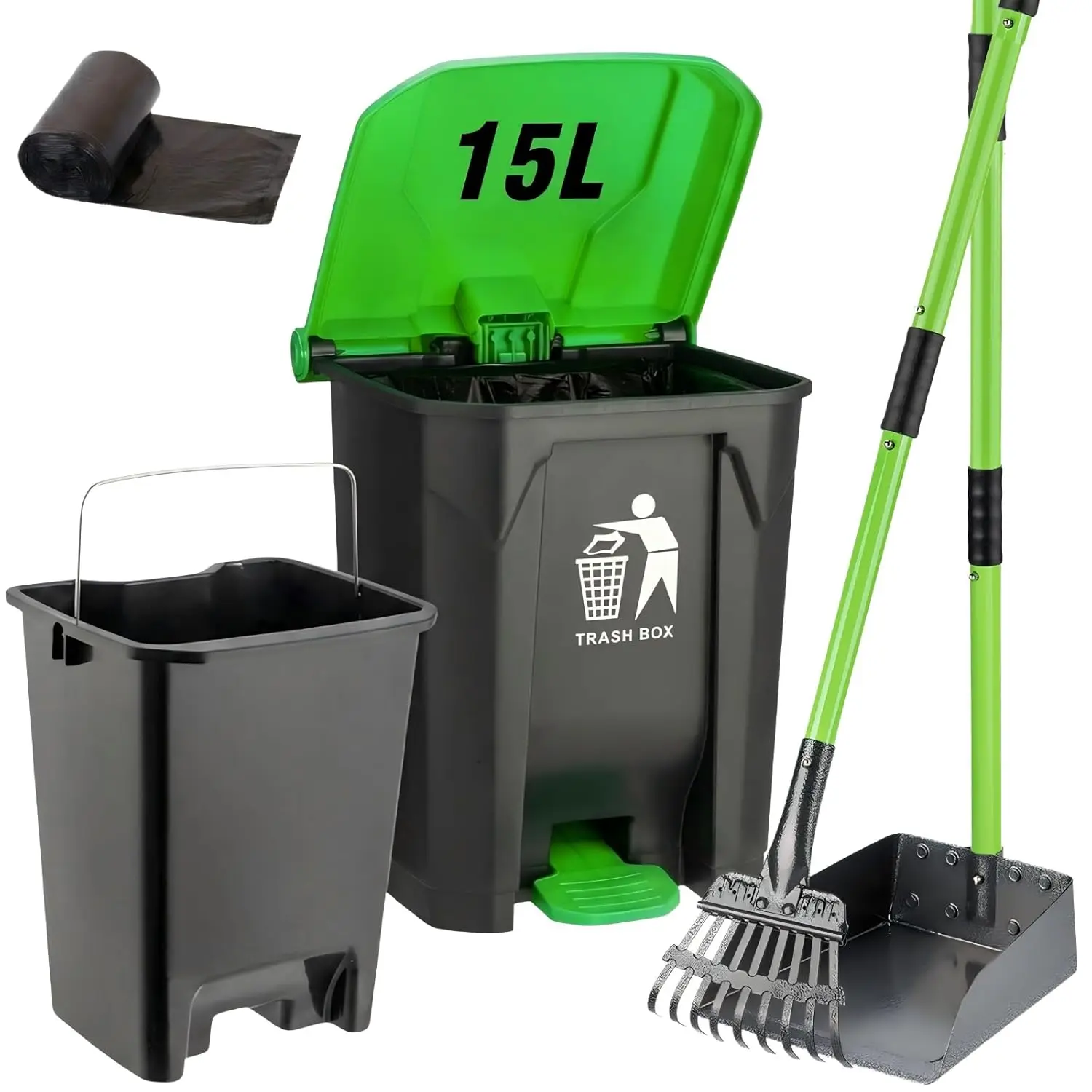 28" Dog Pooper Scooper Set with 15L Step Trash Can, 20 Bags, Metal Tray & Rake - No Bending
28" Dog Pooper Scooper Set with 15L Step Trash Can, 20 Bags, Metal Tray & Rake - No Bending