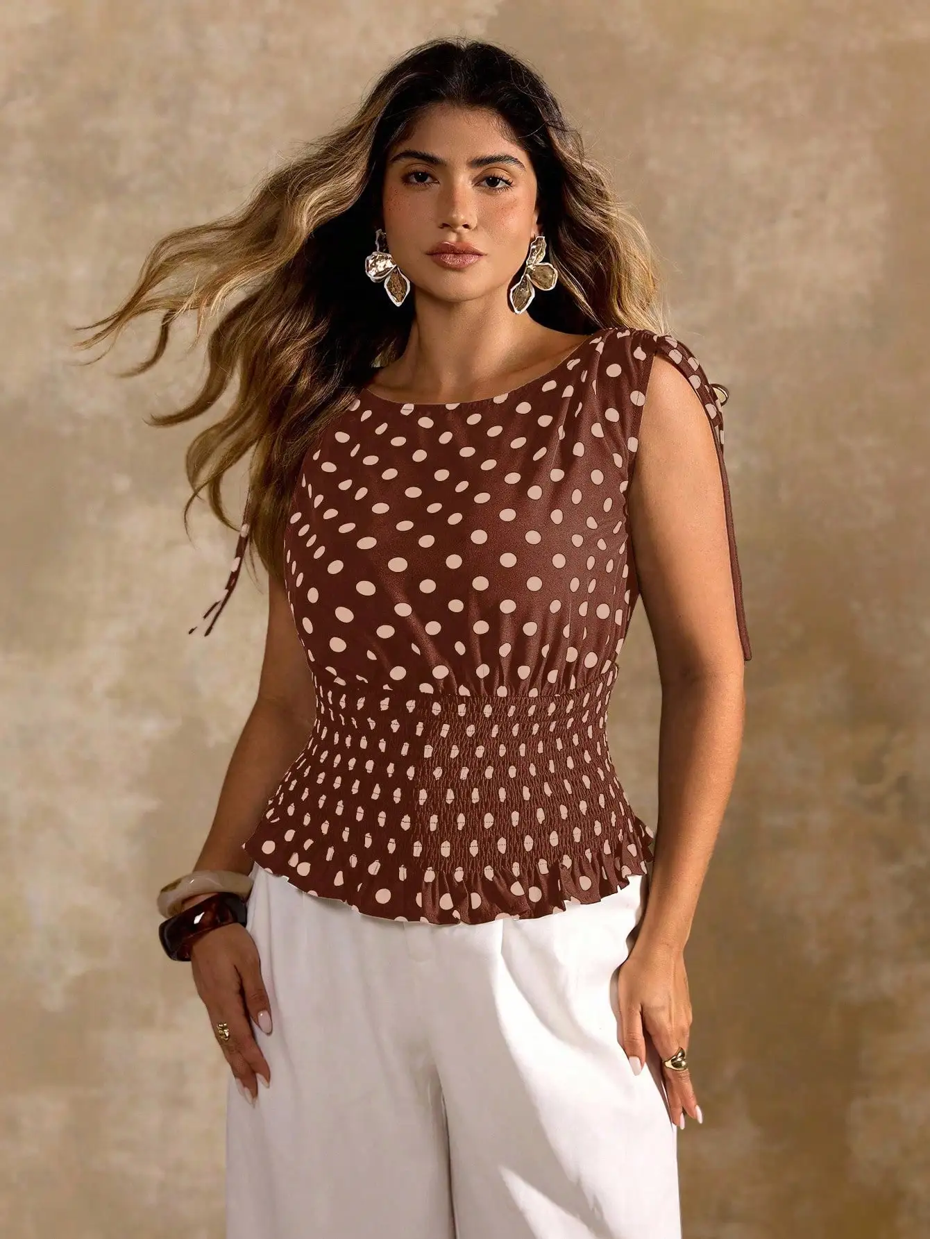 Brown Polka Dot Tie Shoulder Smocked Blouse Women Casual Summer Top
Brown Polka Dot Tie Shoulder Smocked Blouse Women Casual Summer Top