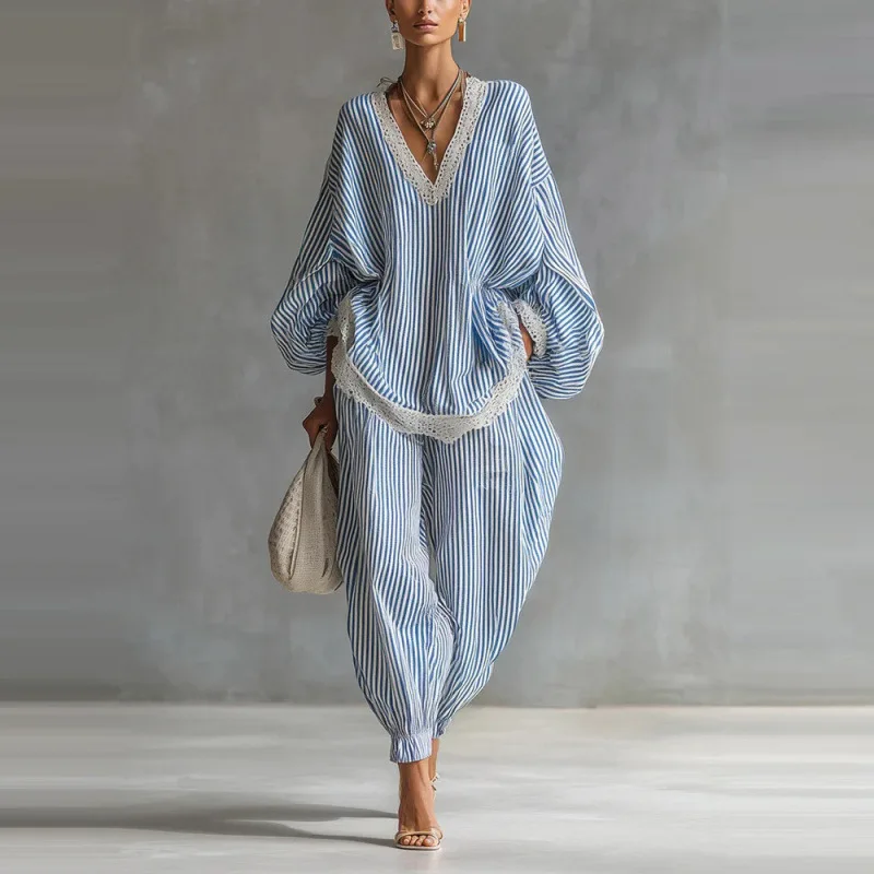 Boho Striped Two Piece Set for Women Sexy V-Neck Lace Trim Puff Sleeve Top & Casual Loose Lantern Pant Spring Matching Set
Boho Striped Two Piece Set for Women Sexy V-Neck Lace Trim Puff Sleeve Top & Casual Loose Lantern Pant Spring Matching Set