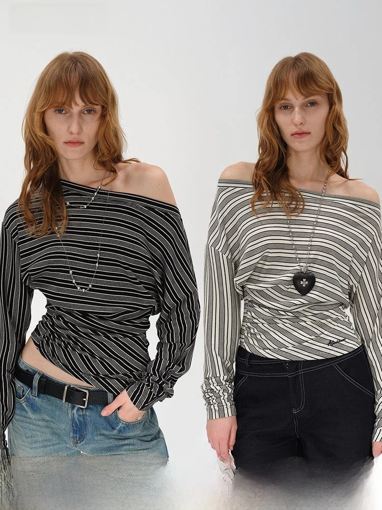 AFTADAWN Silk Long Sleeve T-Shirt Shoulder Bared Striped Slim Fit Asymmetrical Daily Wear Folded Hem Striped Top for Women
AFTADAWN Silk Long Sleeve T-Shirt Shoulder Bared Striped Slim Fit Asymmetrical Daily Wear Folded Hem Striped Top for Women