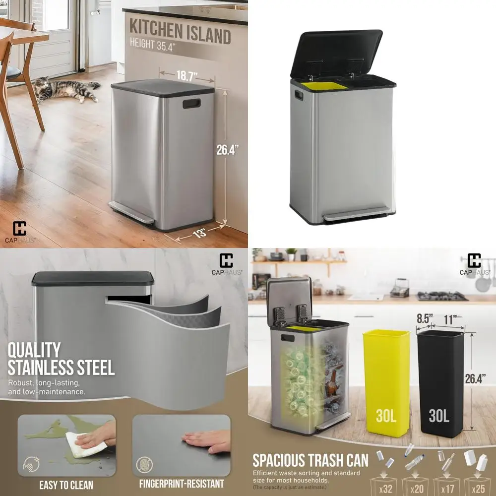 Dual-Compartment Stainless Steel Trash Can with Hinged Lid, 30L for Trash & Recycling, Odor Filter, Hands-Free
Dual-Compartment Stainless Steel Trash Can with Hinged Lid, 30L for Trash & Recycling, Odor Filter, Hands-Free