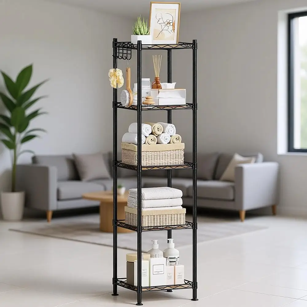 5-Tier Bathroom Storage Rack for Small Spaces, Removable Hooks, Expandable Design, Black and Brown
5-Tier Bathroom Storage Rack for Small Spaces, Removable Hooks, Expandable Design, Black and Brown