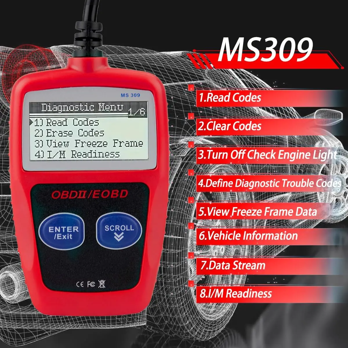 MS309 OBD2 Scanner Diagnostic Tool Check Engine Code Reader with Reset OBDII/EOBD Diagnostic Scan Tools for Car&Truck After 1996
MS309 OBD2 Scanner Diagnostic Tool Check Engine Code Reader with Reset OBDII/EOBD Diagnostic Scan Tools for Car&Truck After 1996