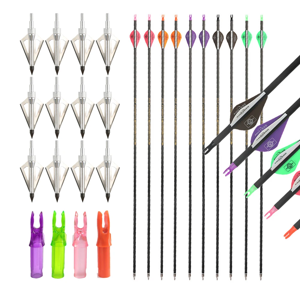 Carbon Arrows 12pcs 30'' SP300-400 ID6.2mm with 12pcs 100 Grain Broadheads and 12pcs Arrow Nocks for Compound Bow Hunting Target
Carbon Arrows 12pcs 30'' SP300-400 ID6.2mm with 12pcs 100 Grain Broadheads and 12pcs Arrow Nocks for Compound Bow Hunting Target