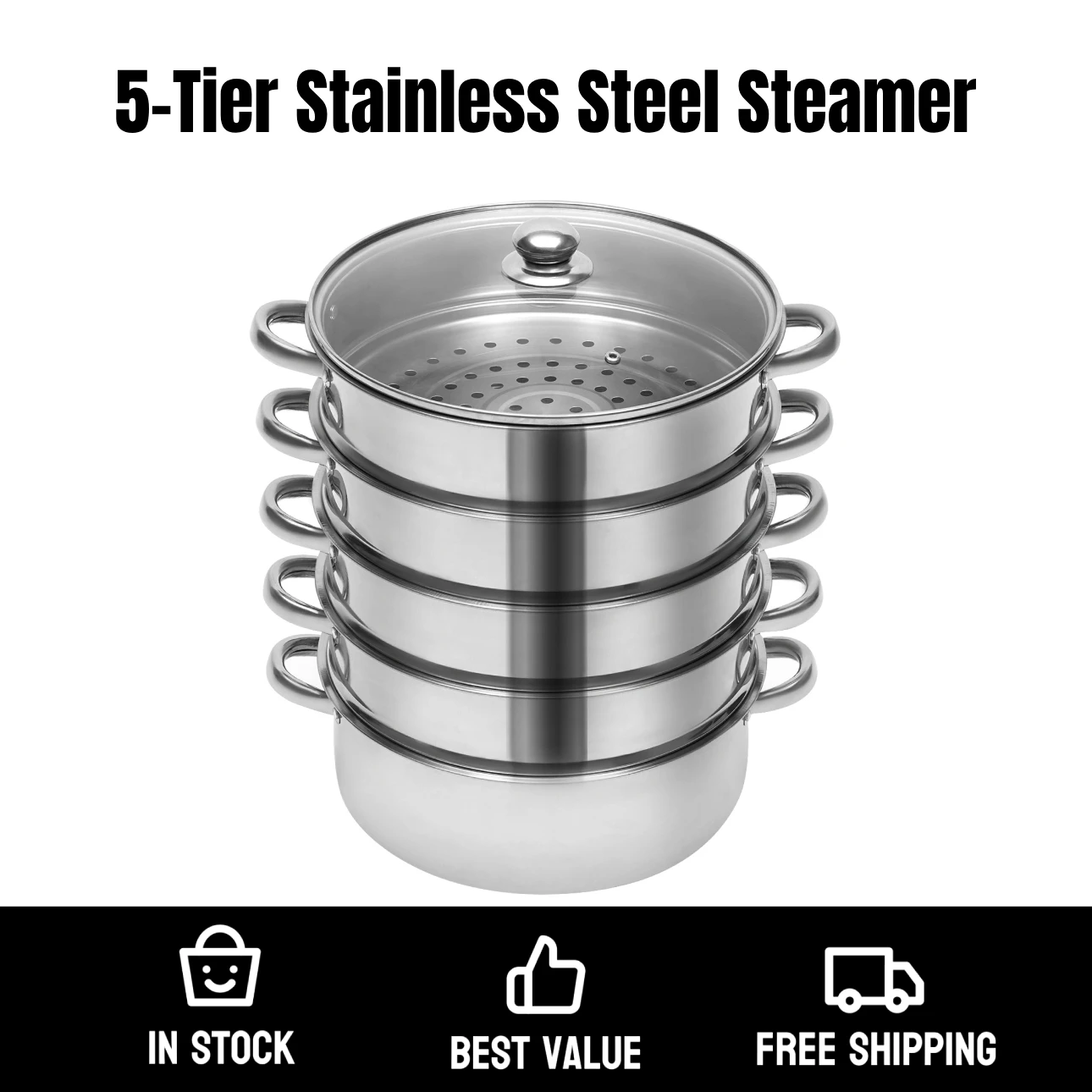 5-Tier Stainless Steel Steamer 304 Food-Grade Stainless Steel Body W/ Glass Visualization Lid 9.44-Inch Internal Diameter
5-Tier Stainless Steel Steamer 304 Food-Grade Stainless Steel Body W/ Glass Visualization Lid 9.44-Inch Internal Diameter