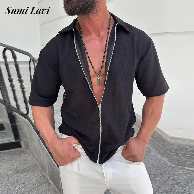 2025 Summer Streetwear Shirt Men Outdoor Fashion Solid Color Textured Cardigan Tops Mens Vintage Turn-down Collar Zip-up Shirt
2025 Summer Streetwear Shirt Men Outdoor Fashion Solid Color Textured Cardigan Tops Mens Vintage Turn-down Collar Zip-up Shirt
