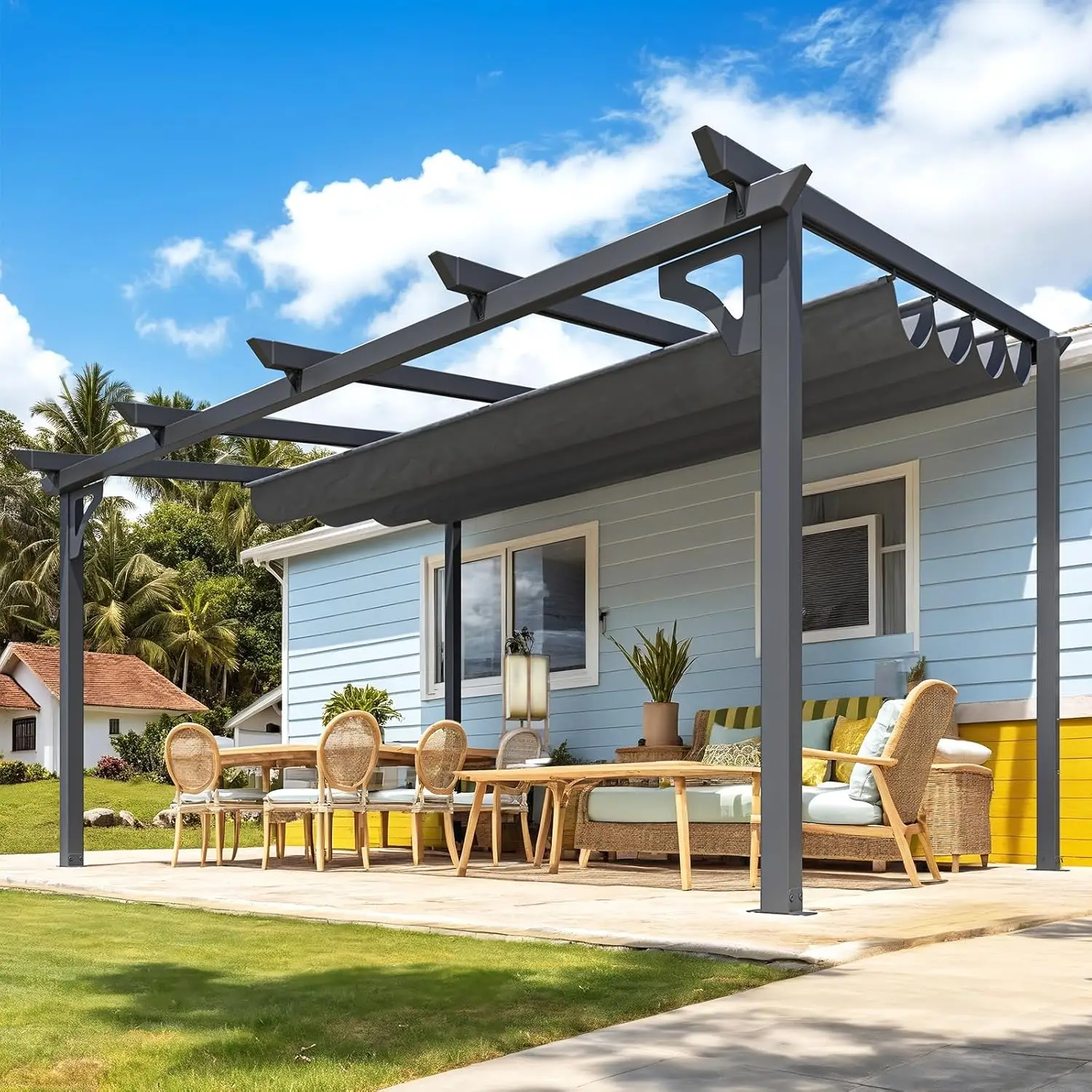 Retractable 10' x 14' Gazebo Pergola for Patio, Adjustable Sun Shade Canopy Roof, Small Wall-Mounted Lean to Outdoor, Custom
Retractable 10' x 14' Gazebo Pergola for Patio, Adjustable Sun Shade Canopy Roof, Small Wall-Mounted Lean to Outdoor, Custom