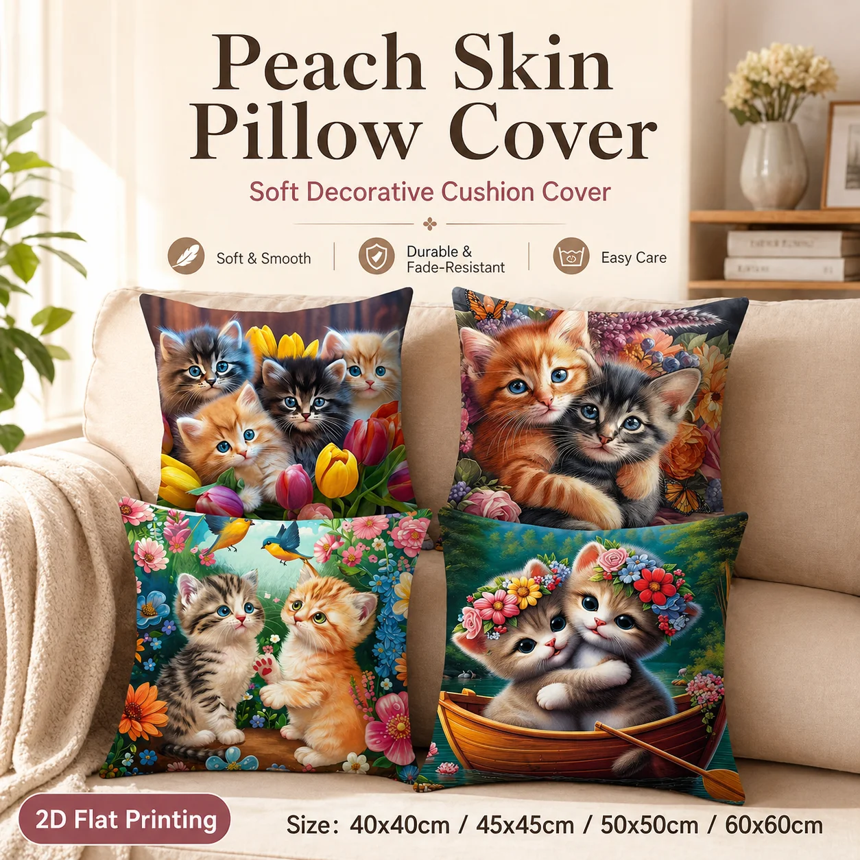 Peach Skin Pillow Cover 2D Flat Printed Cute Kitten Cat Floral Cushion Case for Sofa Living Room Home Decor Spring Decoration
Peach Skin Pillow Cover 2D Flat Printed Cute Kitten Cat Floral Cushion Case for Sofa Living Room Home Decor Spring Decoration