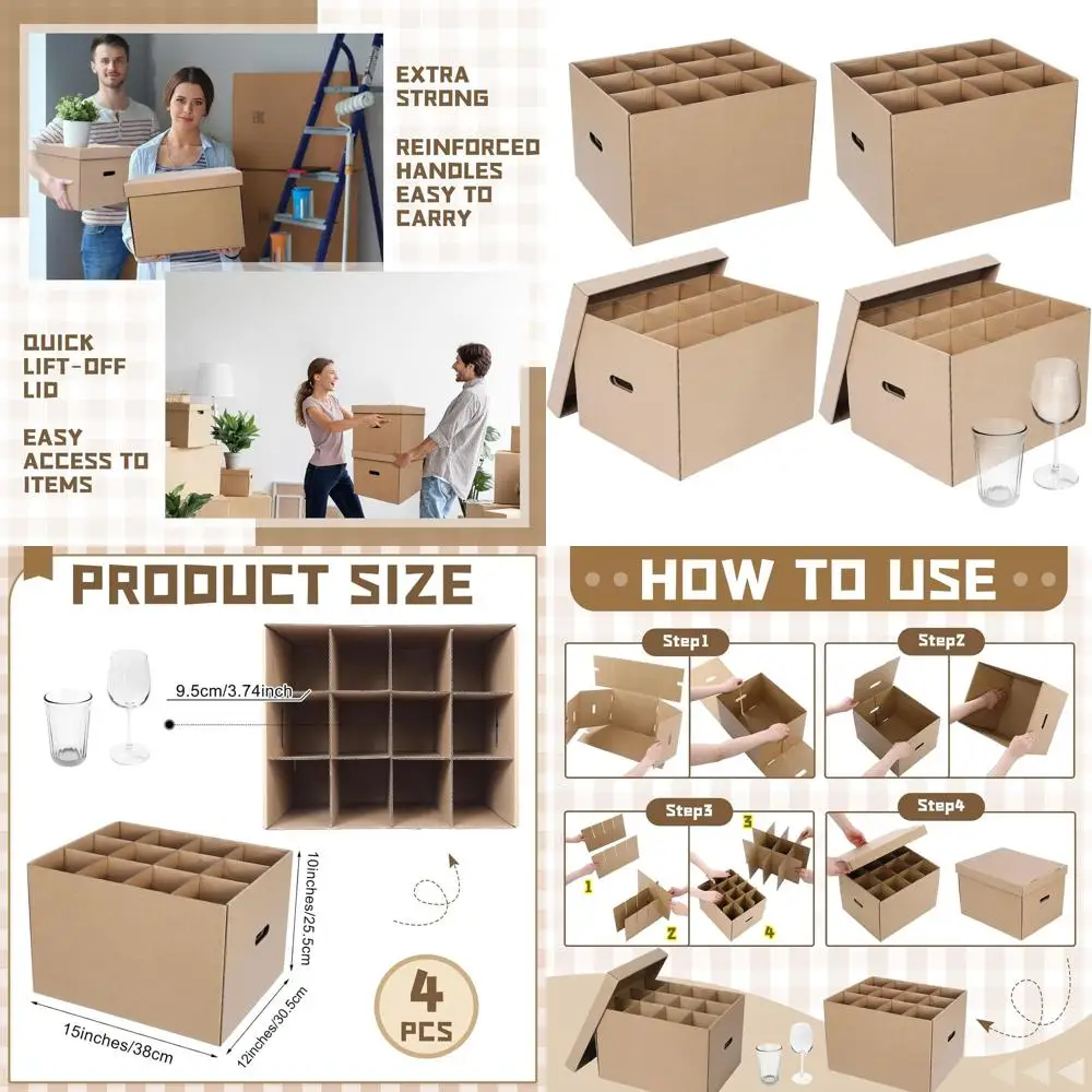 Kitchen Moving Boxes with Handle, 4 Pack Wine Glass Moving Boxes, Lidded Kitchen Kit for Dish and Glassware Storage, Brown, 15x1
Kitchen Moving Boxes with Handle, 4 Pack Wine Glass Moving Boxes, Lidded Kitchen Kit for Dish and Glassware Storage, Brown, 15x1