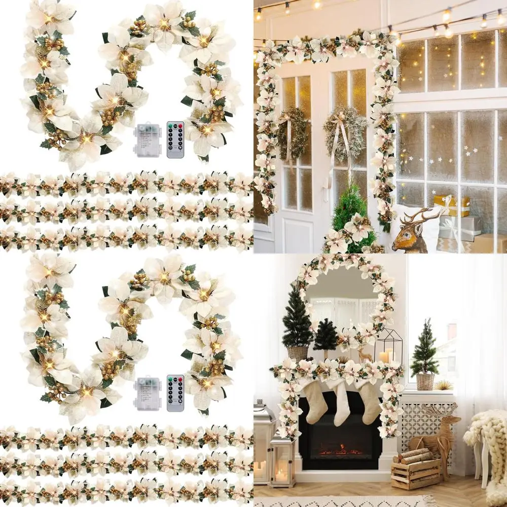 Battery Operated Champagne Pre-lit Poinsettia Garland with String Lights, Glitter Holly Leaves, Berries, Remote and Timer, 8 Mod
Battery Operated Champagne Pre-lit Poinsettia Garland with String Lights, Glitter Holly Leaves, Berries, Remote and Timer, 8 Mod