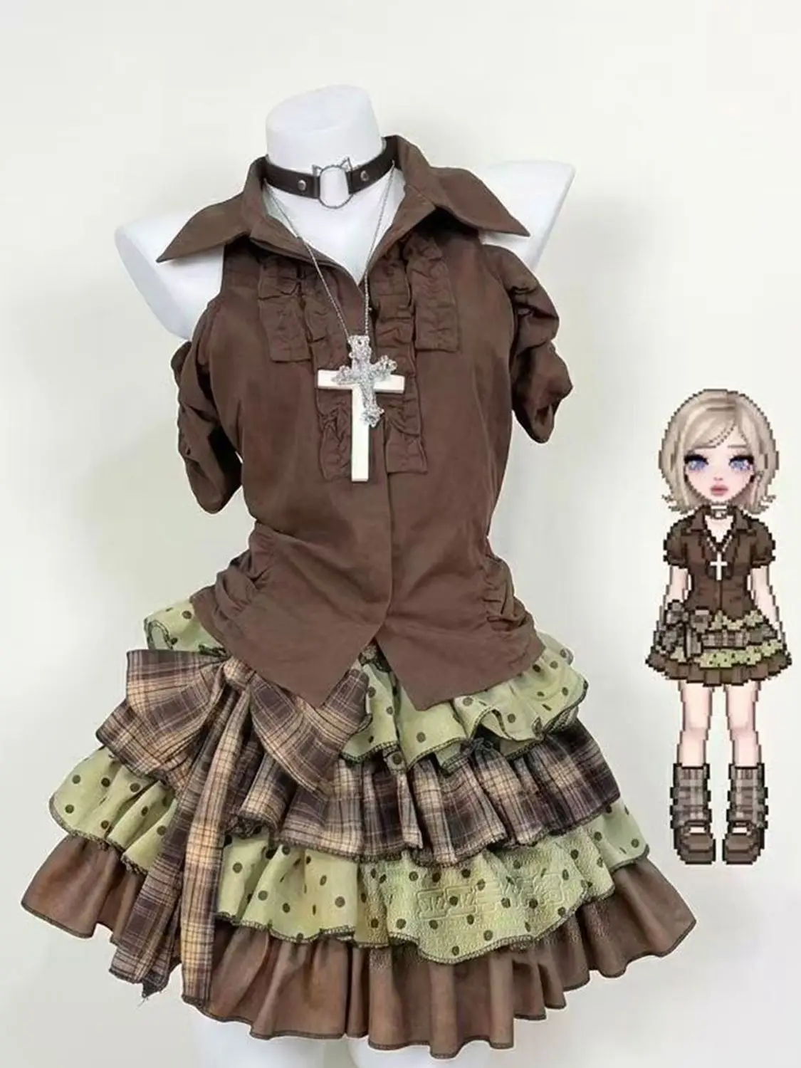 Women Y2K Vintage Two-Piece Outfit Brown Cold Shoulder Blouse + Tiered Ruffle Plaid Polka Dot Mini Skirt Casual Streetwear Set
Women Y2K Vintage Two-Piece Outfit Brown Cold Shoulder Blouse + Tiered Ruffle Plaid Polka Dot Mini Skirt Casual Streetwear Set
