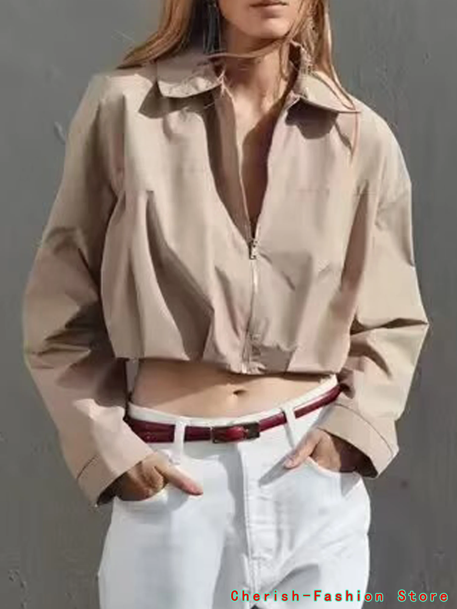 Summer new simple and fashionable zipper exposed waist pleated decoration wide lapel long sleeved short jacket casual jacket Hot
Summer new simple and fashionable zipper exposed waist pleated decoration wide lapel long sleeved short jacket casual jacket Hot