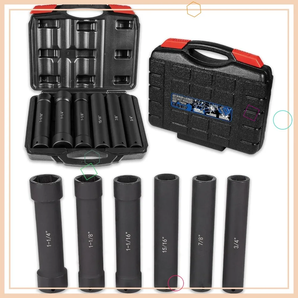 1/2" Drive Extended Length Impact Socket Set 6 Sizes - Hex 3/4" to 1-1/4" Extra-Deep Heavy Duty with Case
1/2" Drive Extended Length Impact Socket Set 6 Sizes - Hex 3/4" to 1-1/4" Extra-Deep Heavy Duty with Case