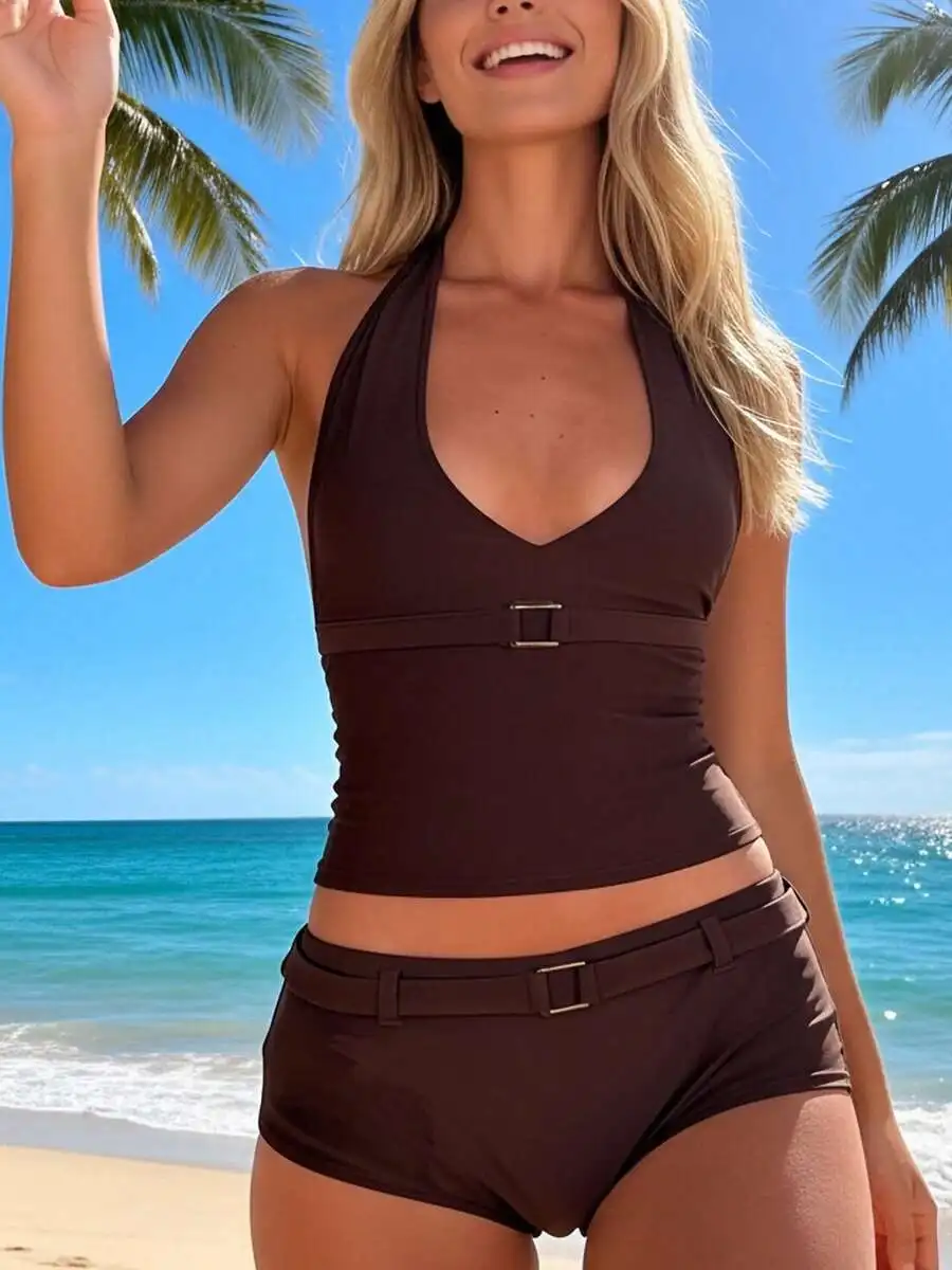 Womens Halter Tankini Swimsuit With Belted Boyshorts Solid Color Beach Bathing Suit
Womens Halter Tankini Swimsuit With Belted Boyshorts Solid Color Beach Bathing Suit