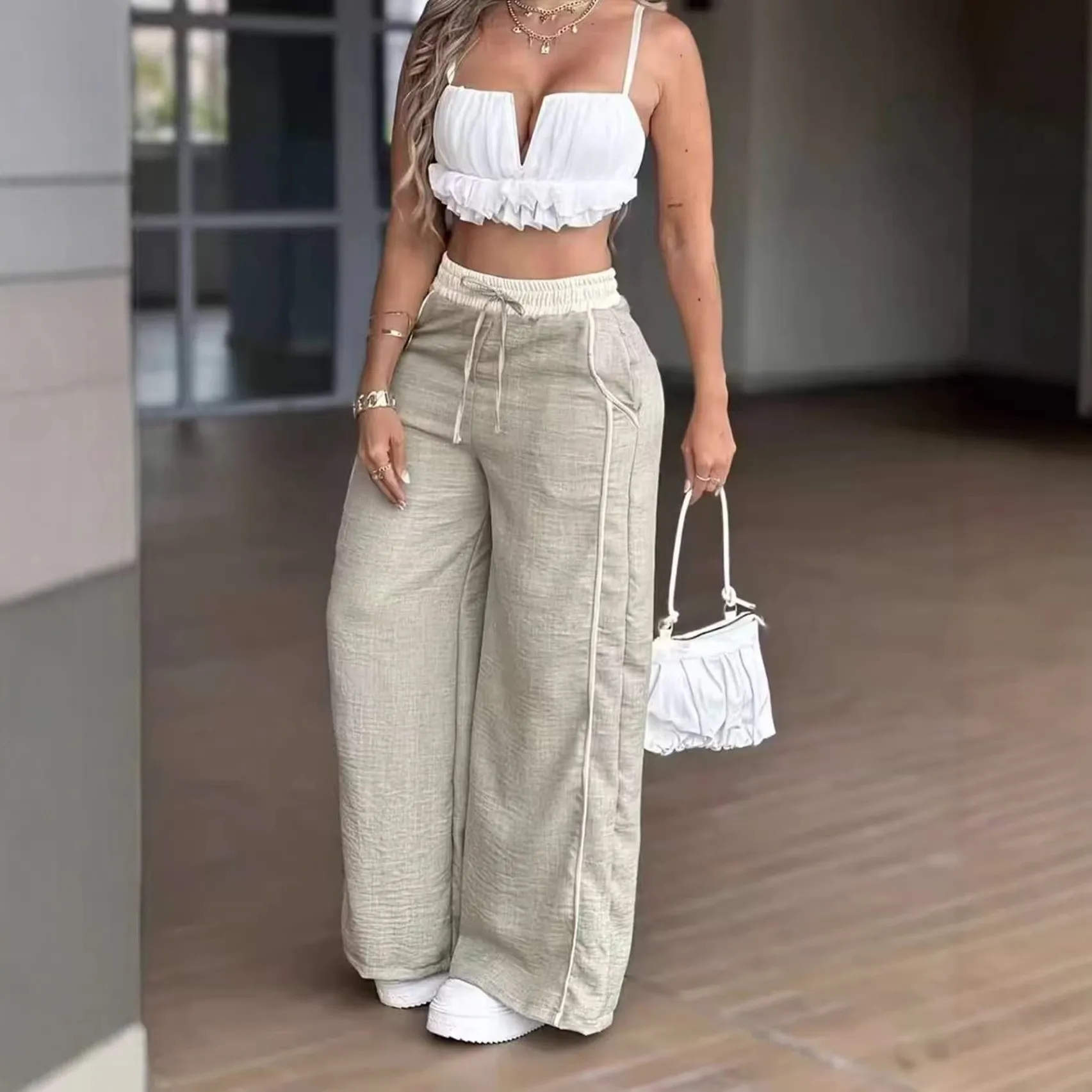 Summer Women Pants High Waist Full Length Trousers Solid Color Beige Wide Leg Pants Drawstring Waist Lightweight White Pants
Summer Women Pants High Waist Full Length Trousers Solid Color Beige Wide Leg Pants Drawstring Waist Lightweight White Pants