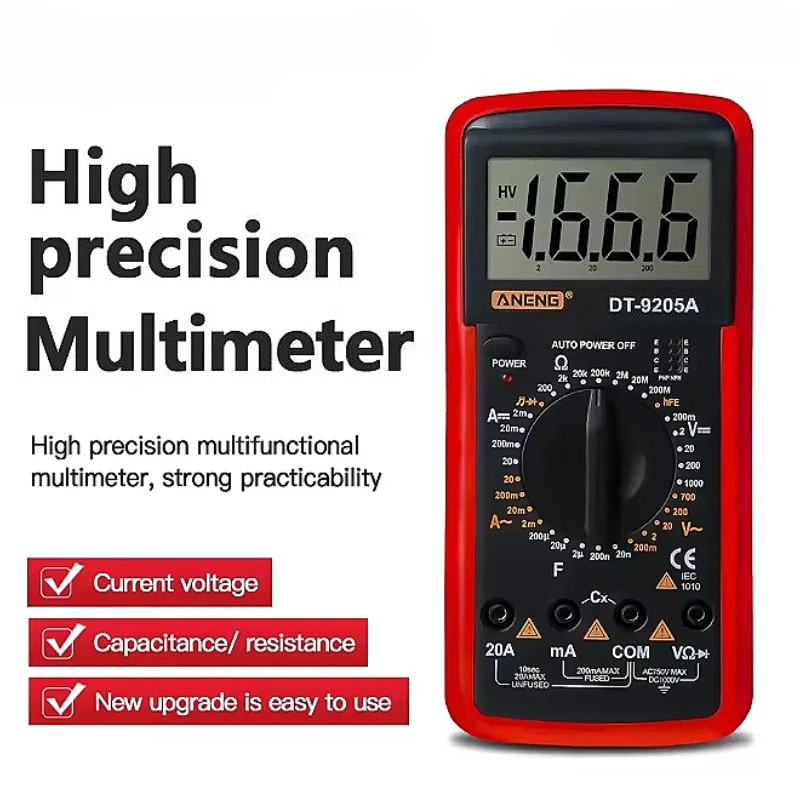 ANENG DT9205A-3 Digital Multimeters Smart AC/DC Voltage Tester Current Ohm Capacitor HFE Buzzer Voltage Meter Detector Test Tool
ANENG DT9205A-3 Digital Multimeters Smart AC/DC Voltage Tester Current Ohm Capacitor HFE Buzzer Voltage Meter Detector Test Tool
