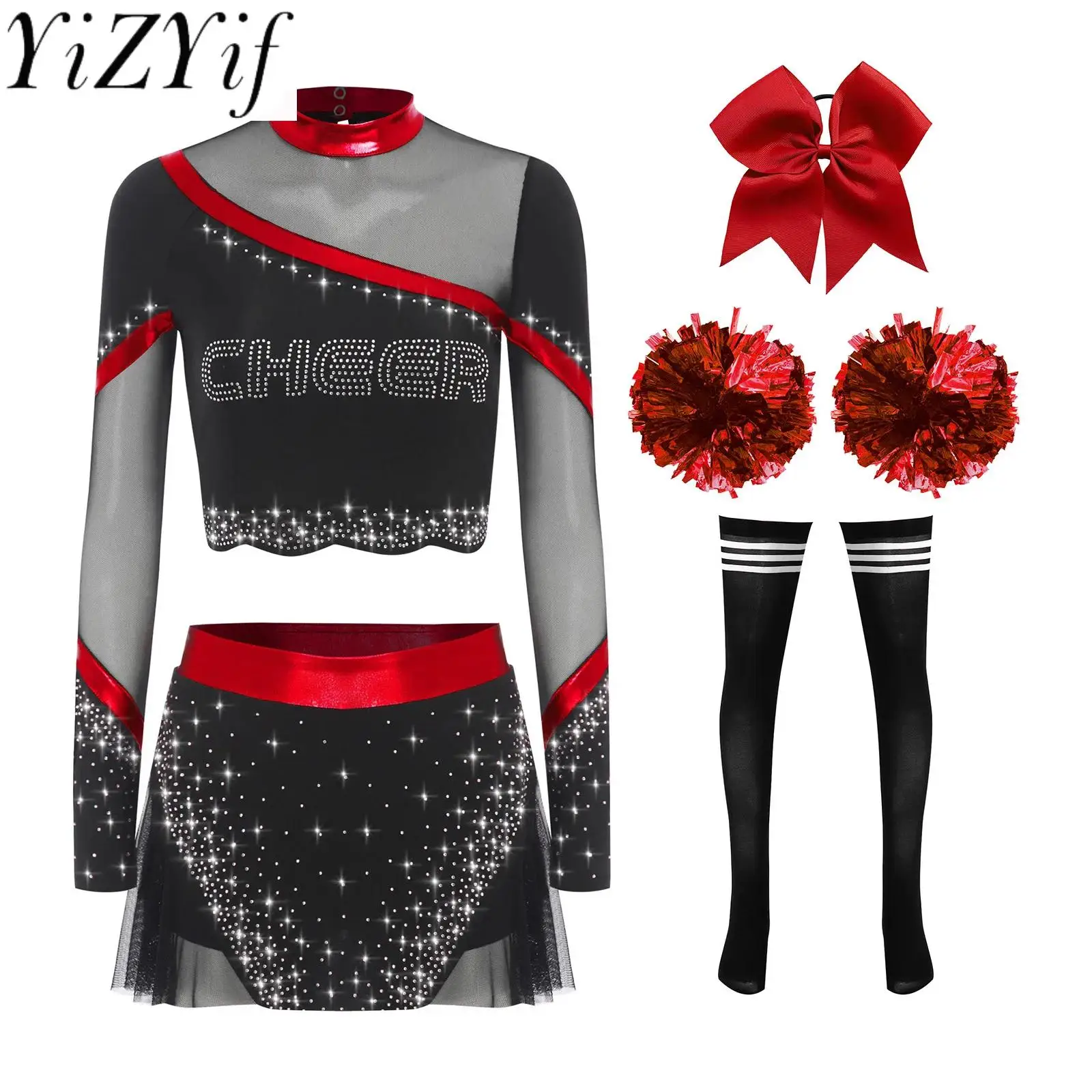 Women Youthful Matches Cheerleading Dance Performance Outfit Sequin Crop Tops with Mini Skirt Striped Socks Hairband Dance Sets
Women Youthful Matches Cheerleading Dance Performance Outfit Sequin Crop Tops with Mini Skirt Striped Socks Hairband Dance Sets