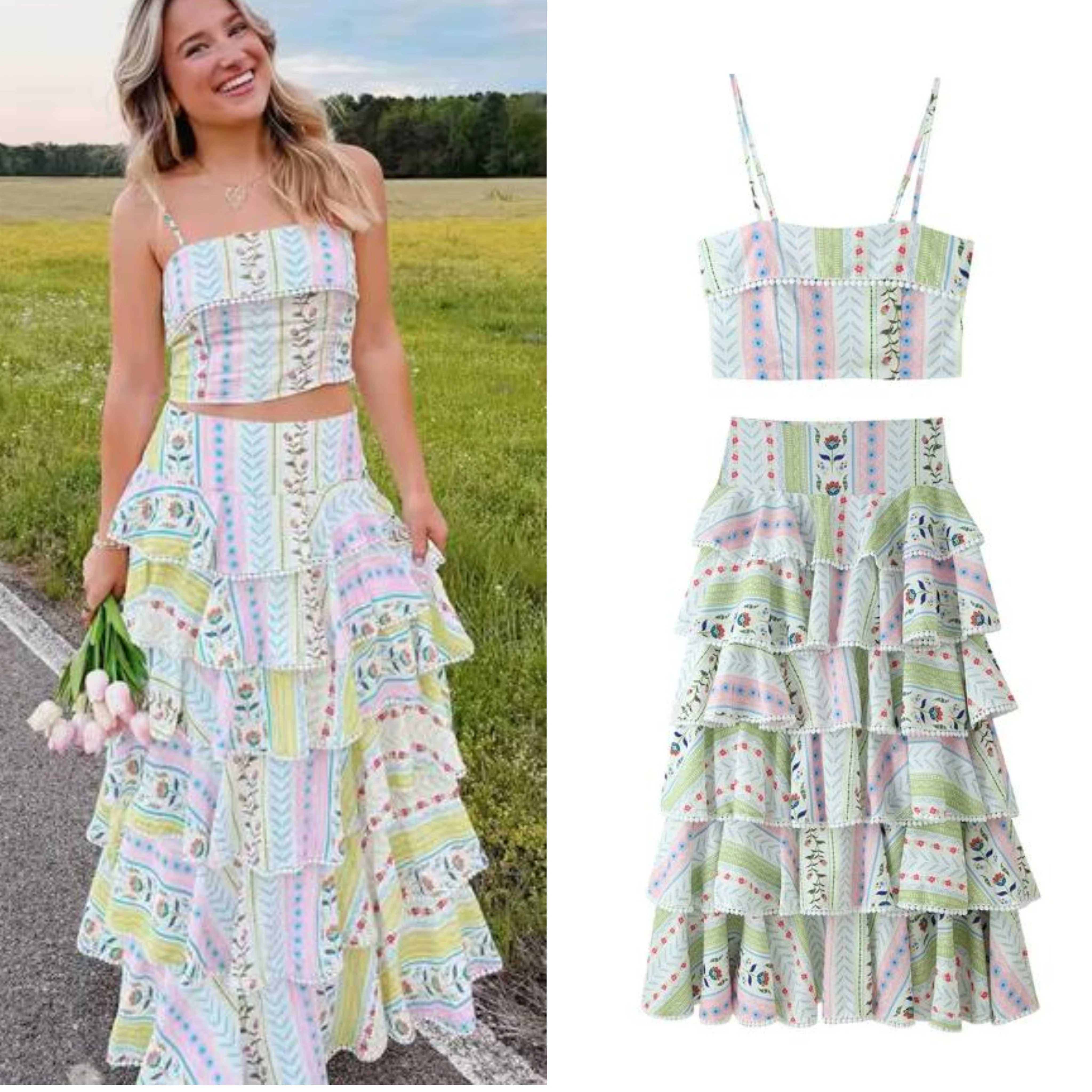 Women's Printed Cake Skirt Set Summer New Sleeveless Sling Top Cascading Ruffle Long Skirts Fashion Elegant Female 2 Piece Sets
Women's Printed Cake Skirt Set Summer New Sleeveless Sling Top Cascading Ruffle Long Skirts Fashion Elegant Female 2 Piece Sets
